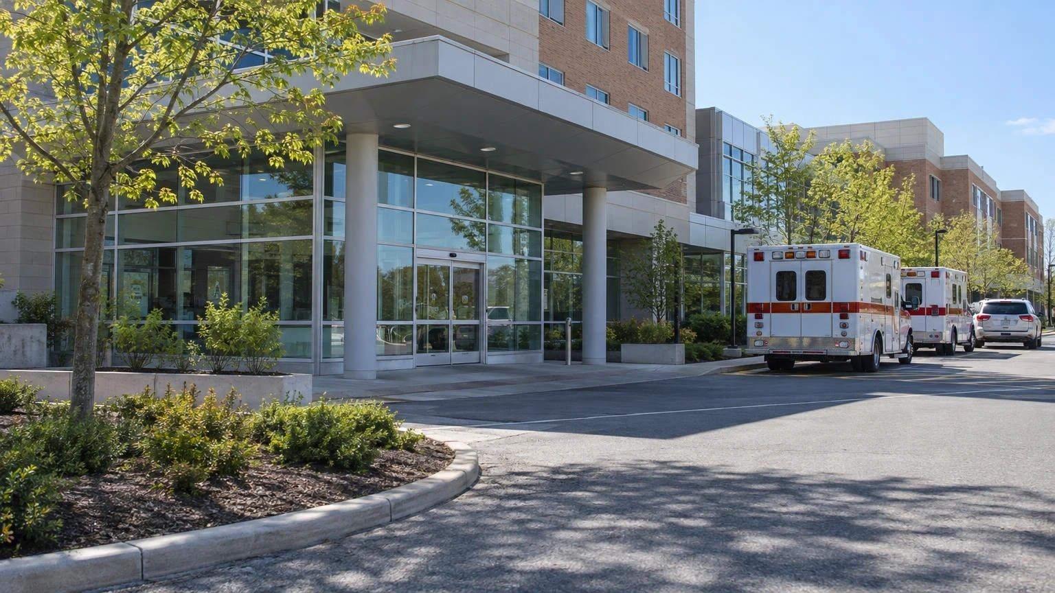 A view of a modern hospital building entrance in Toronto during a bright spring day.