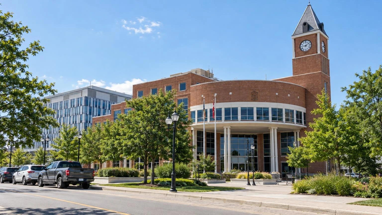 The exterior of Brampton City Hall during a summer day.