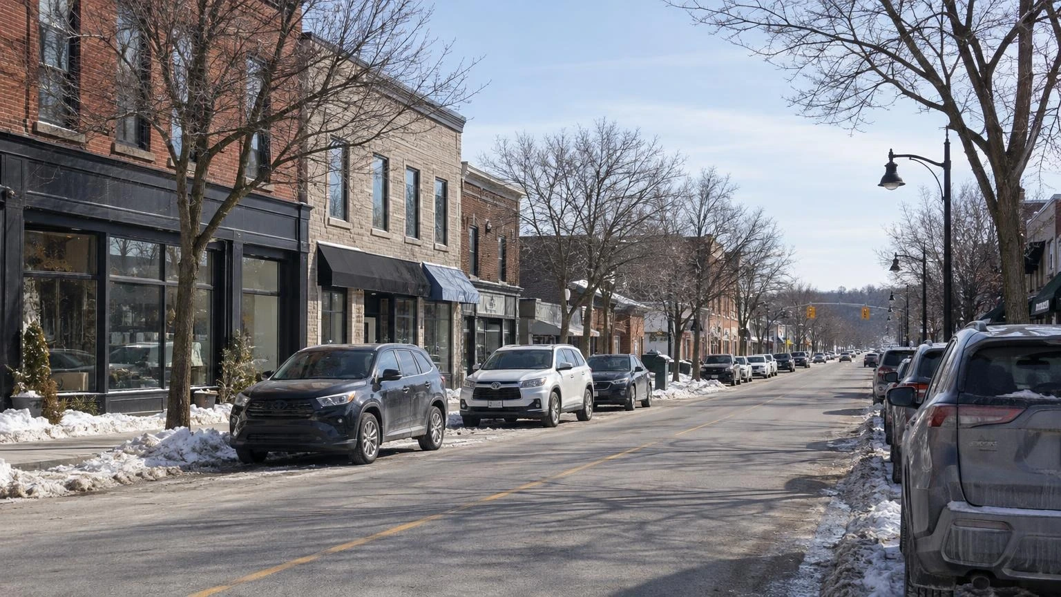A view of a commercial street in a Simcoe County town with storefronts and parked cars under a clear winter sky.