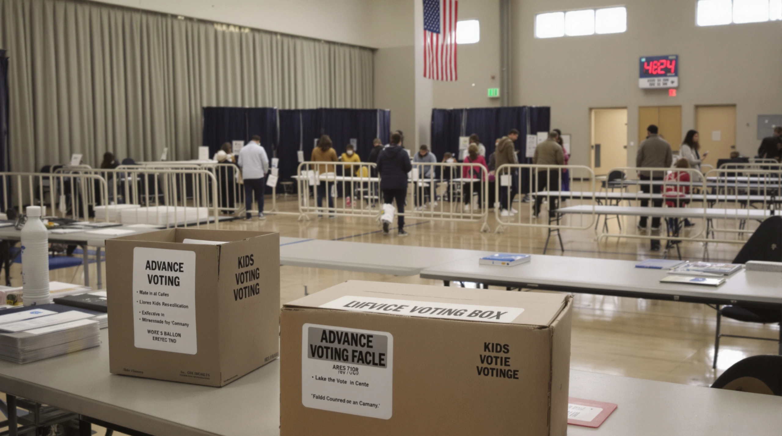 A community centre room set up with voting screens and a ballot box, with adults and children in fall clothing nearby.