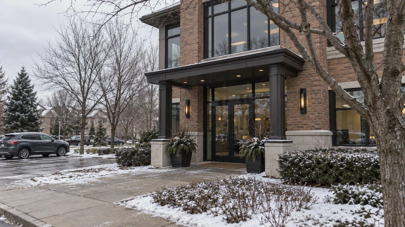 An exterior view of a commercial office building in Mississauga under an overcast winter sky.