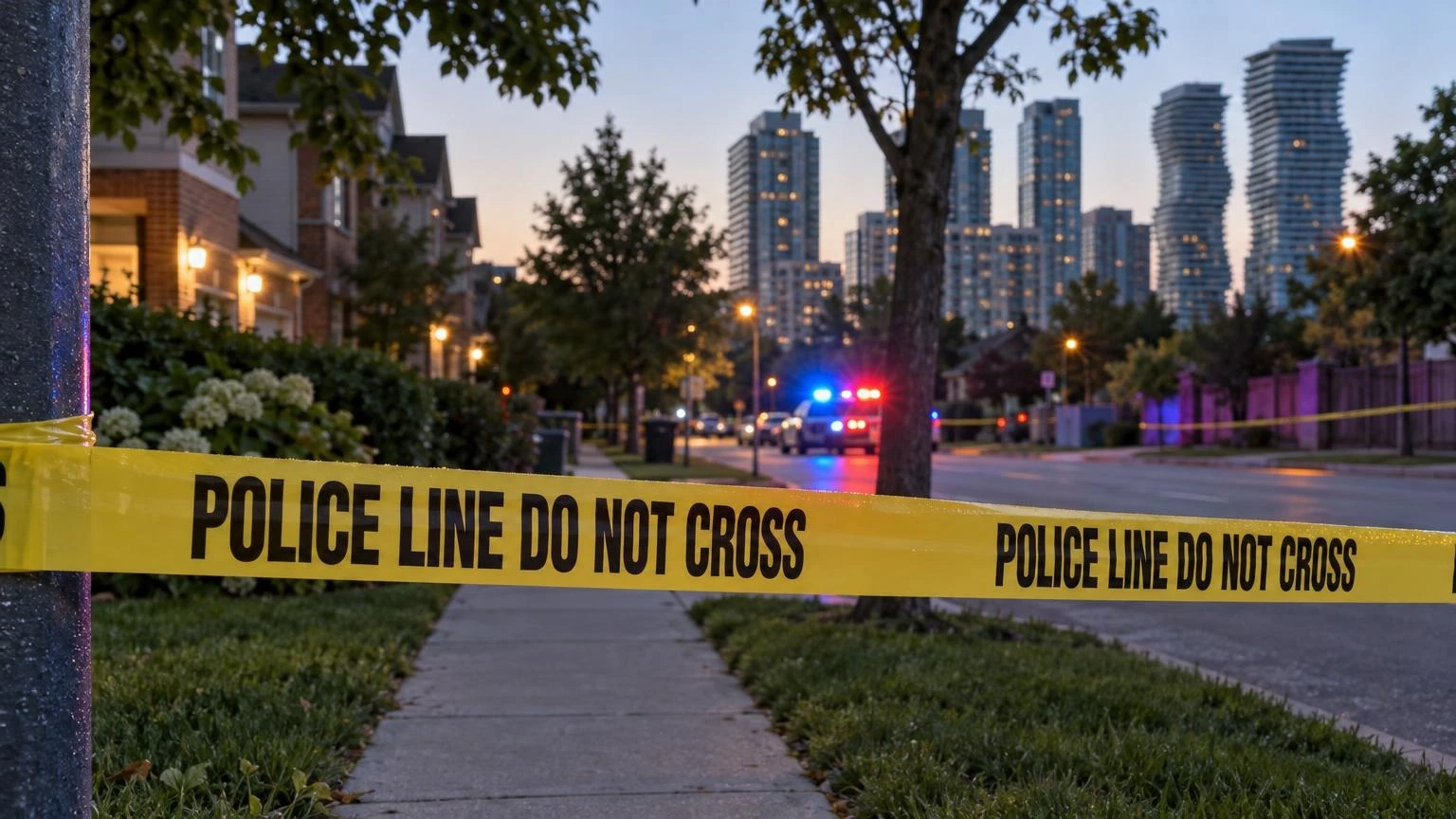 A close-up of yellow police tape stretched across a suburban sidewalk at dusk, with blurred emergency lights in the background.