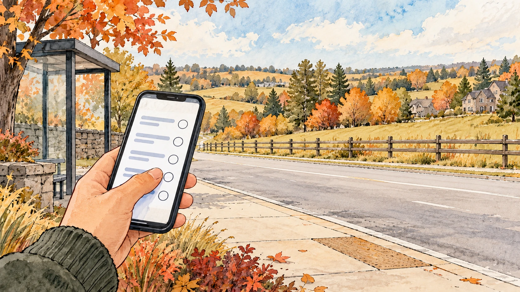 Conceptual illustration of a hand holding an abstract feedback questionnaire beside an autumn roadside shelter.