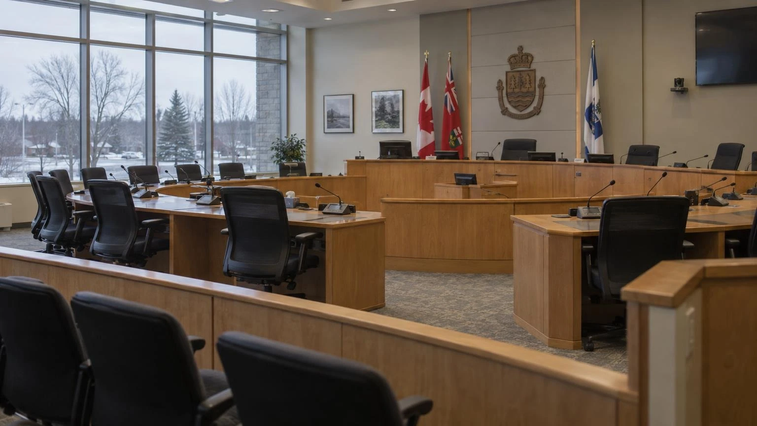 An empty municipal council chamber with wooden desks and microphones.