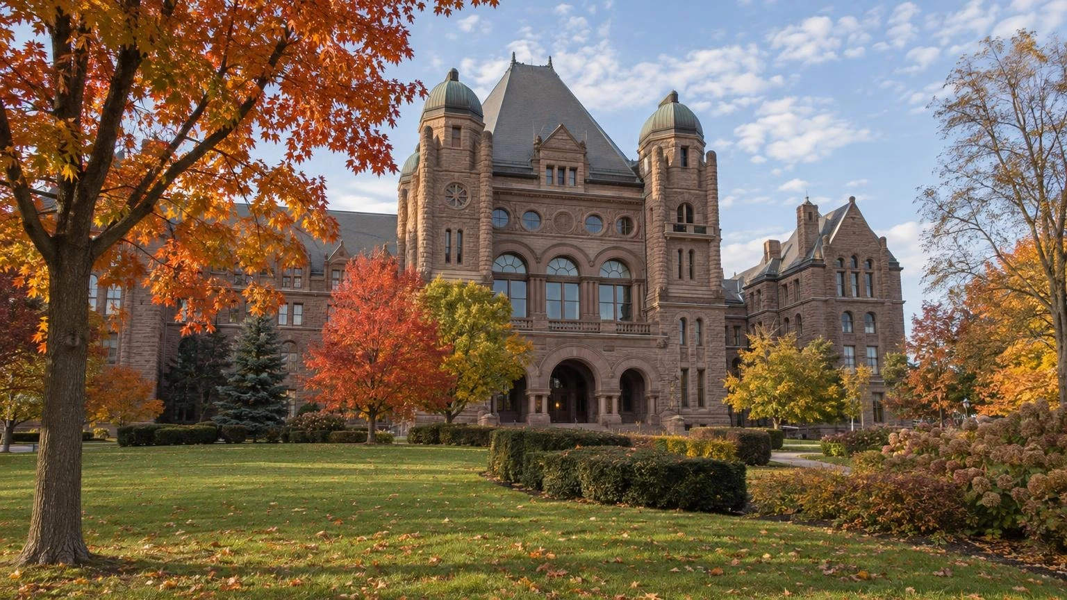 A view of the Ontario Legislative Building at Queen's Park under autumn leaves.