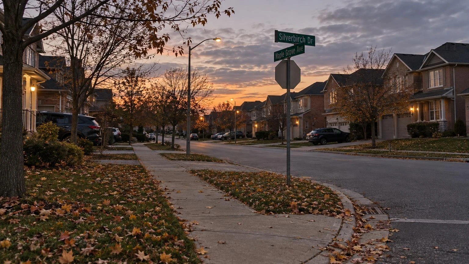 An empty residential sidewalk and street corner in a suburban Ontario neighbourhood at dusk.