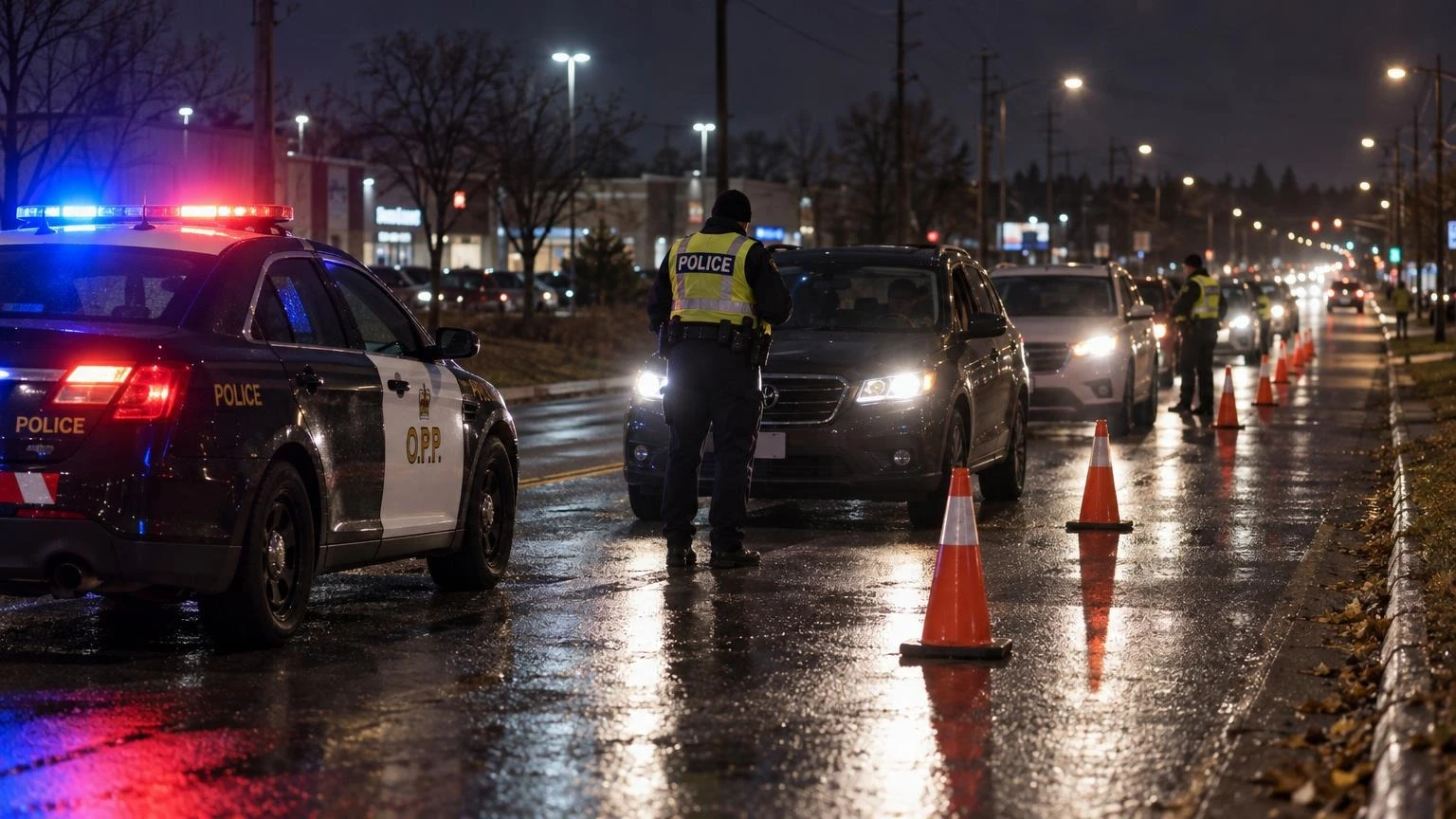 An Ontario police cruiser with lights flashing at a nighttime RIDE checkpoint on a city street, with cones and waiting vehicles.