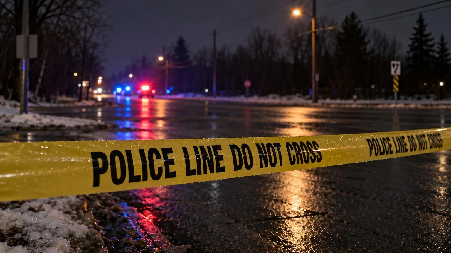 A close-up of yellow police tape in the foreground with blurred blue and red emergency lights in the background at night.