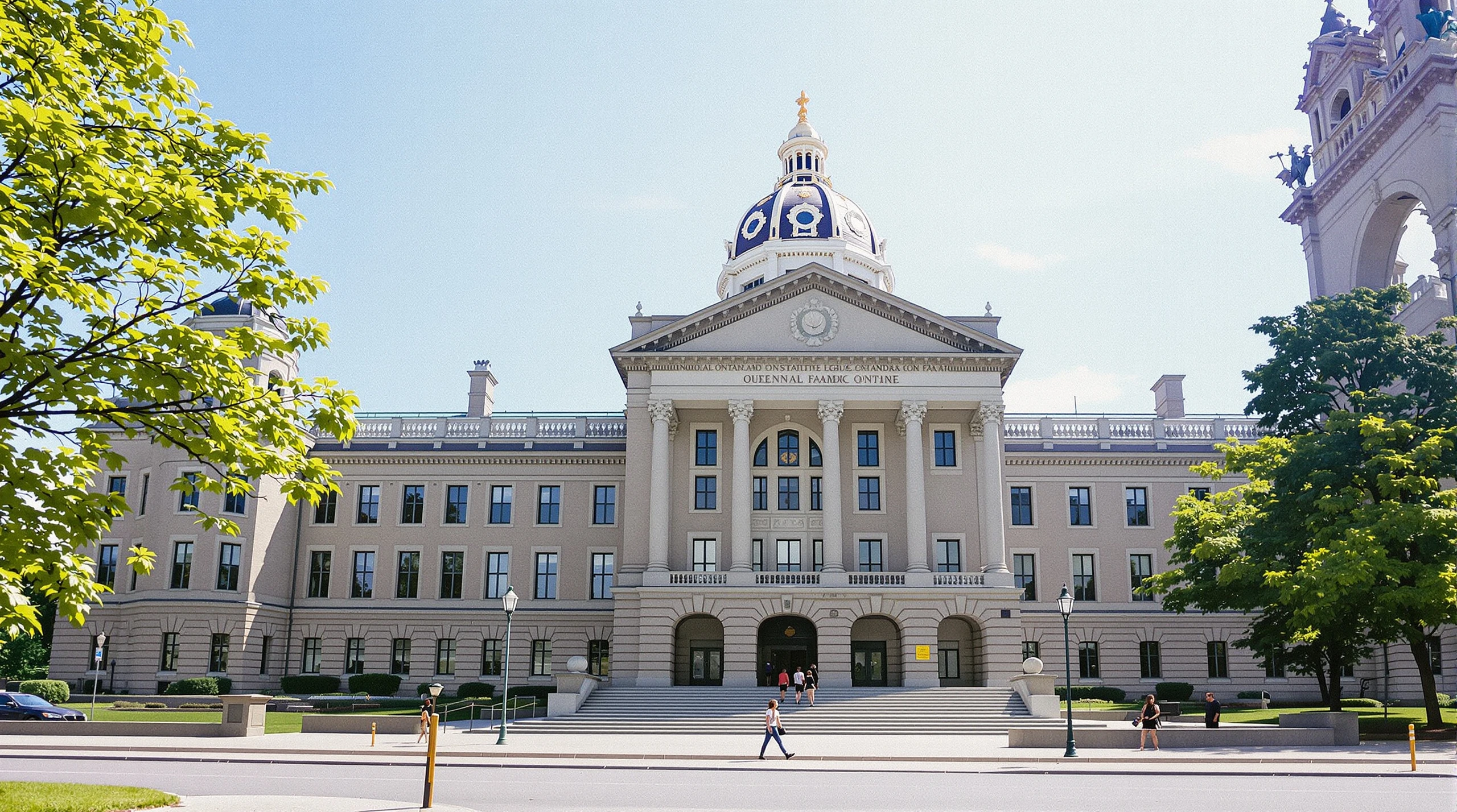 The Ontario Legislative Building at Queen's Park in Toronto with green summer trees.