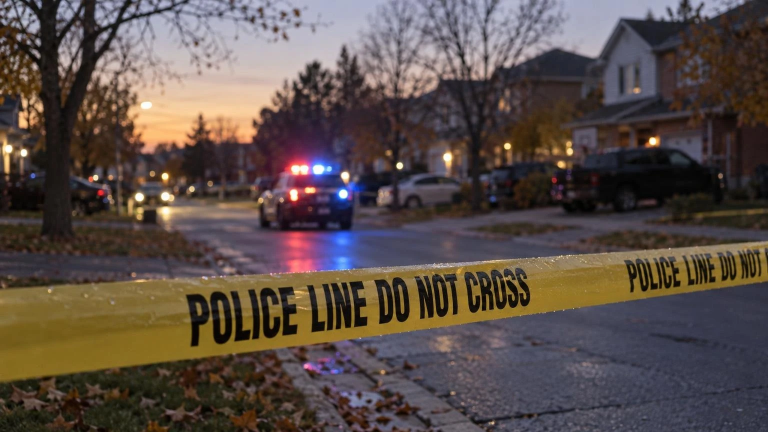 A close-up of yellow police tape stretched across a residential sidewalk at dusk, with blurred blue and red emergency lights in the background.