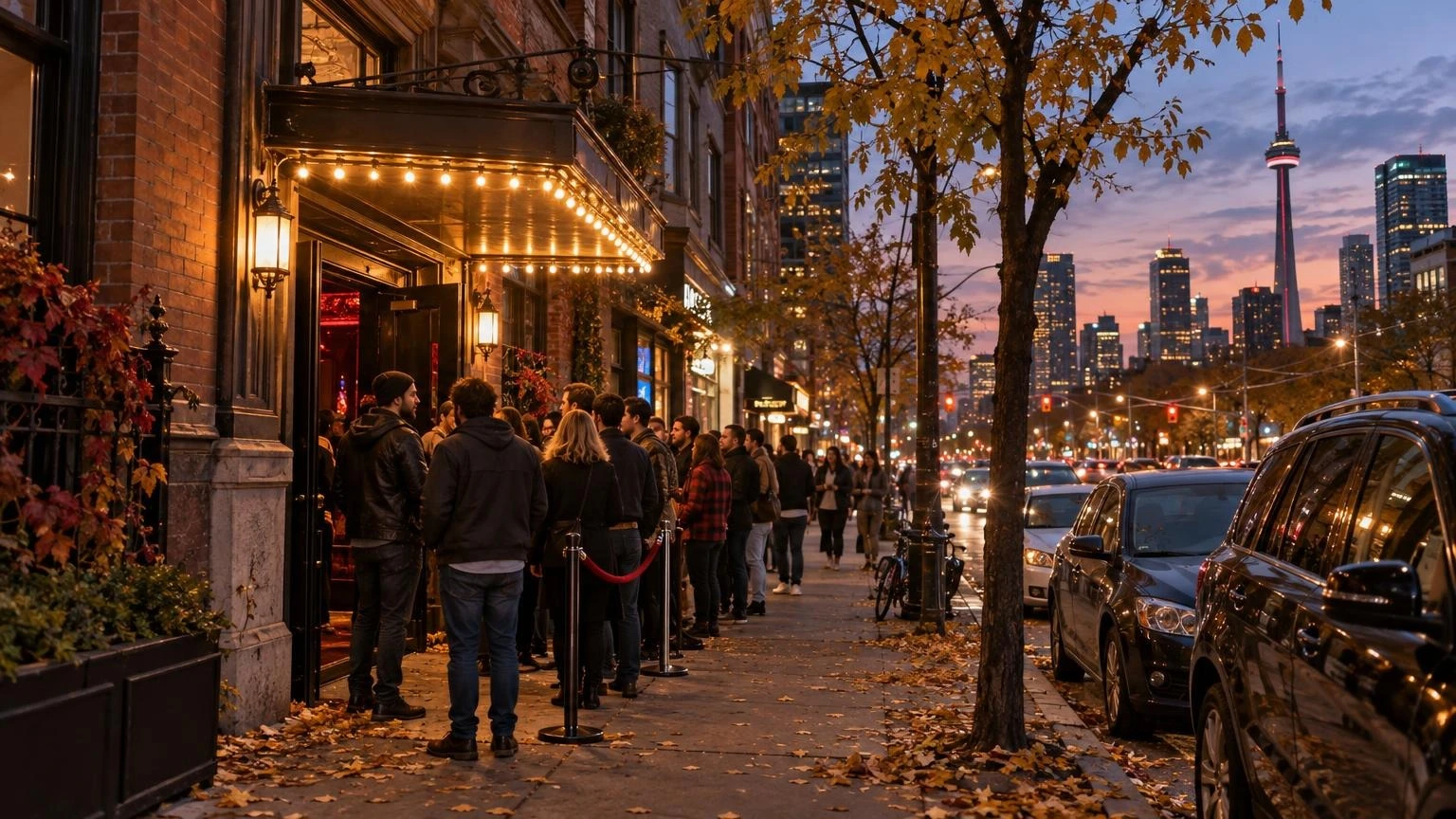 A crowd gathers outside a lit-up downtown Toronto music venue on an autumn evening.