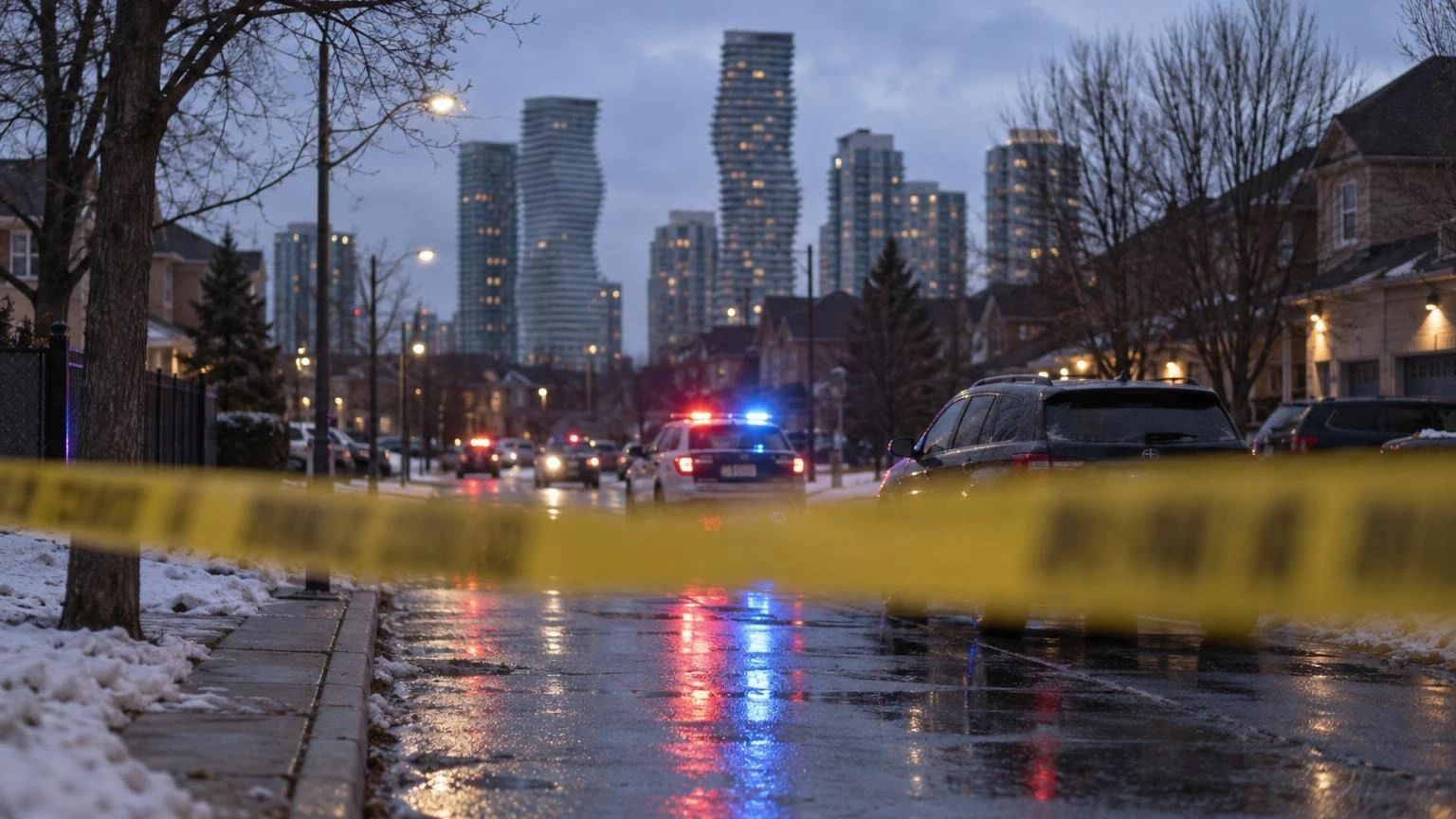 A close-up of yellow police tape stretched across a residential sidewalk at dusk, with blurred blue and red emergency lights in the background.