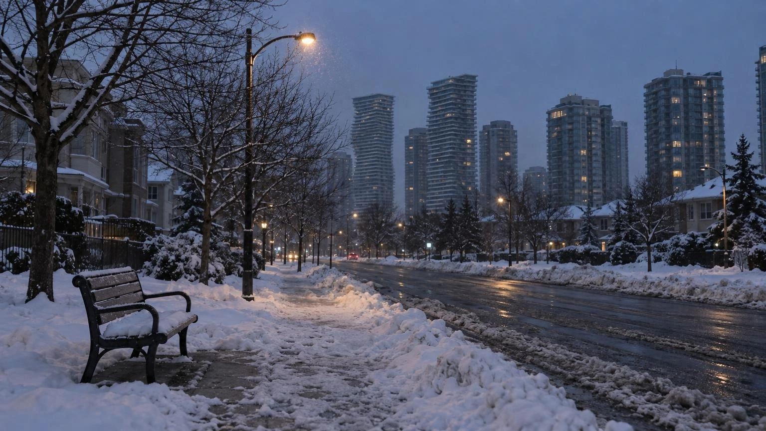An empty sidewalk in Mississauga at dusk during winter, with a park bench and a snow-covered street under dim streetlights.