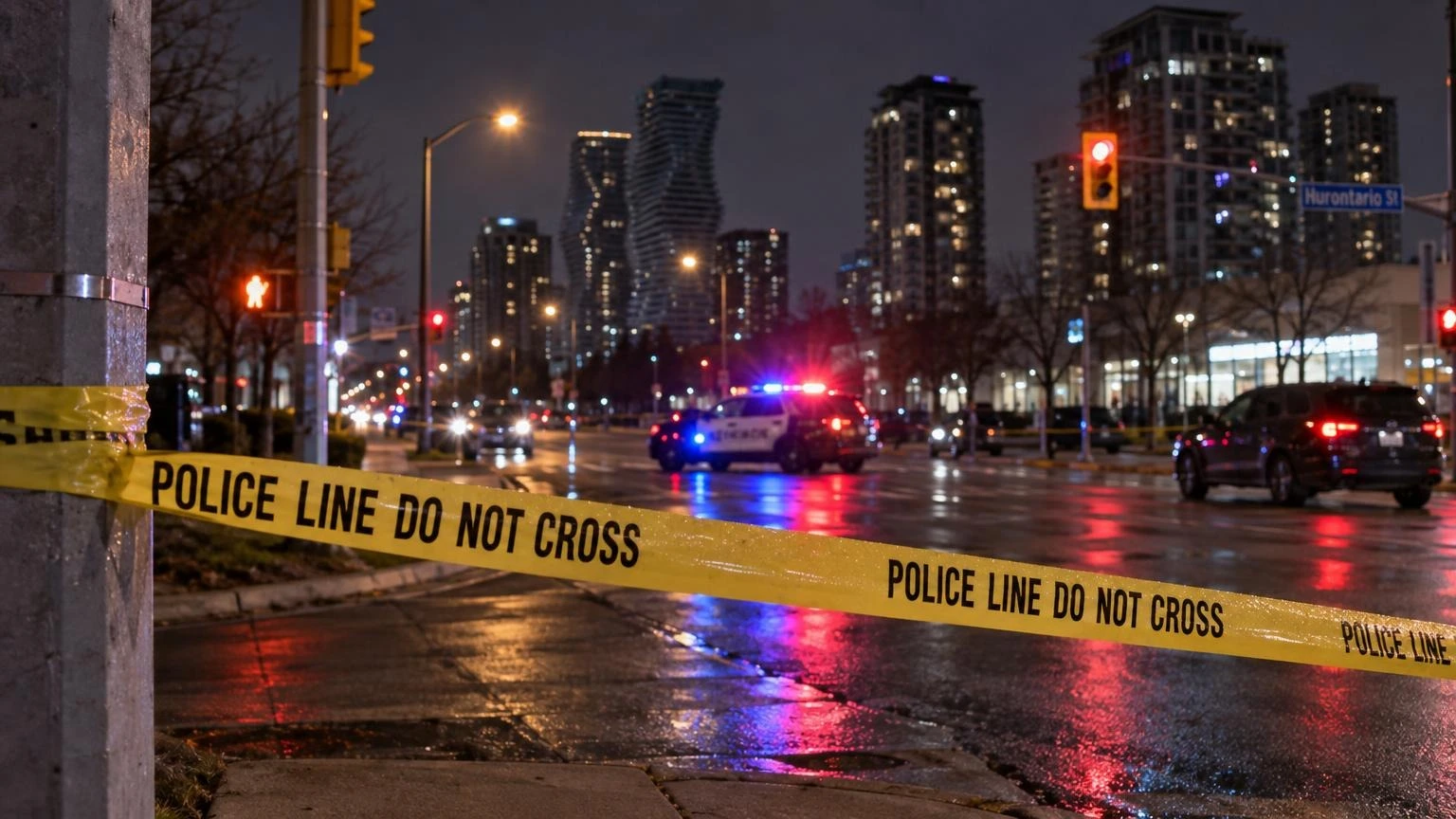 A close-up of yellow police tape stretched across a suburban street at night with blurred red and blue emergency lights in the background.