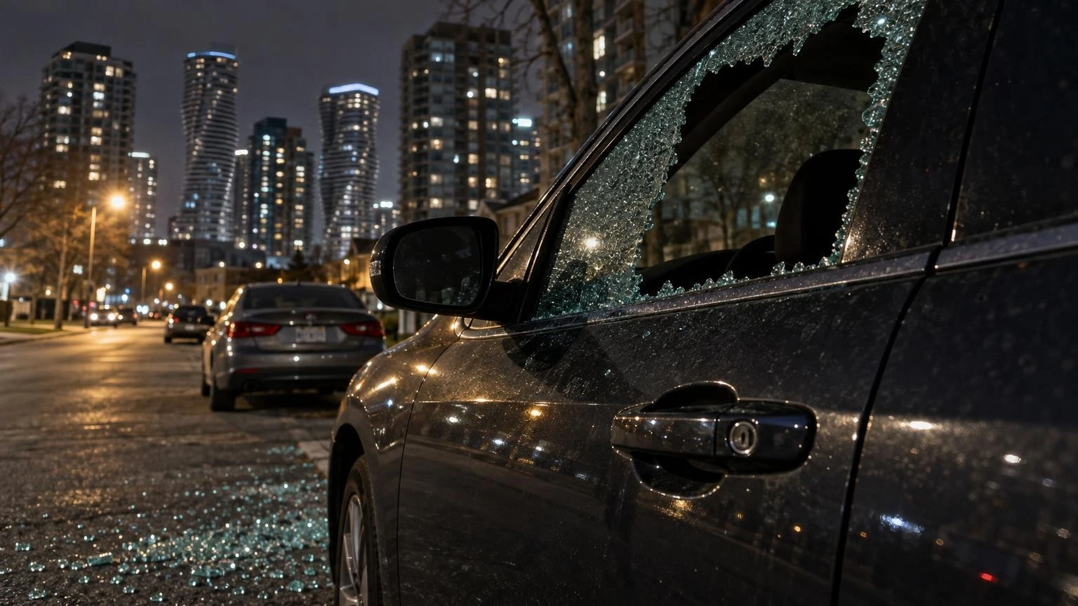 A close-up of a vehicle window with shattered glass on a suburban street at night.