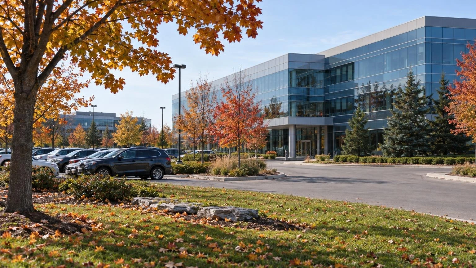An exterior shot of a professional office building in a Mississauga business park on a crisp autumn day.