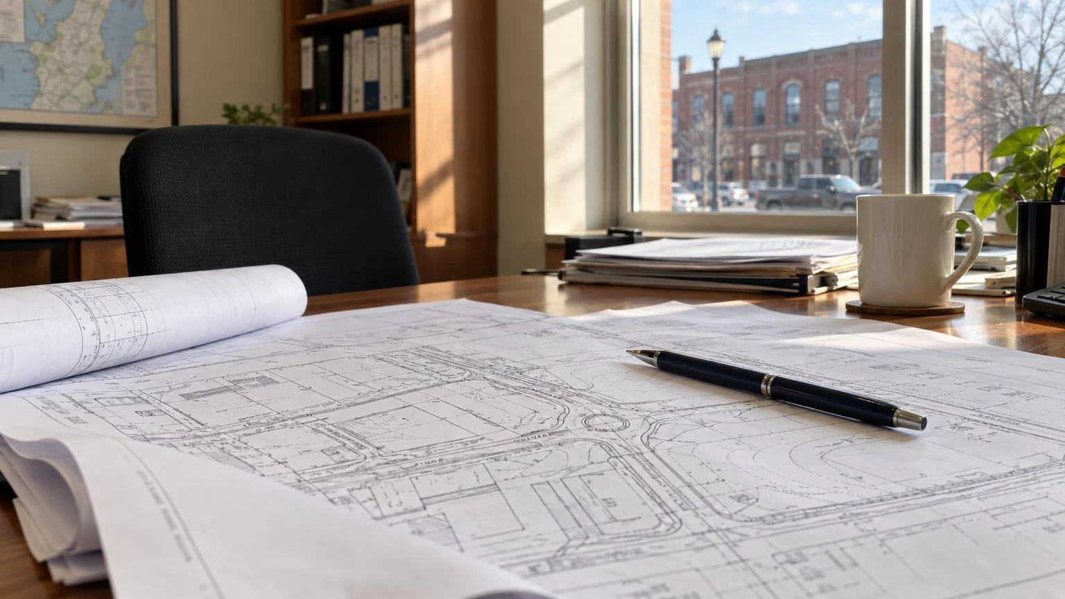A close-up of a printed technical document and a pen resting on a wooden table in a bright office setting.