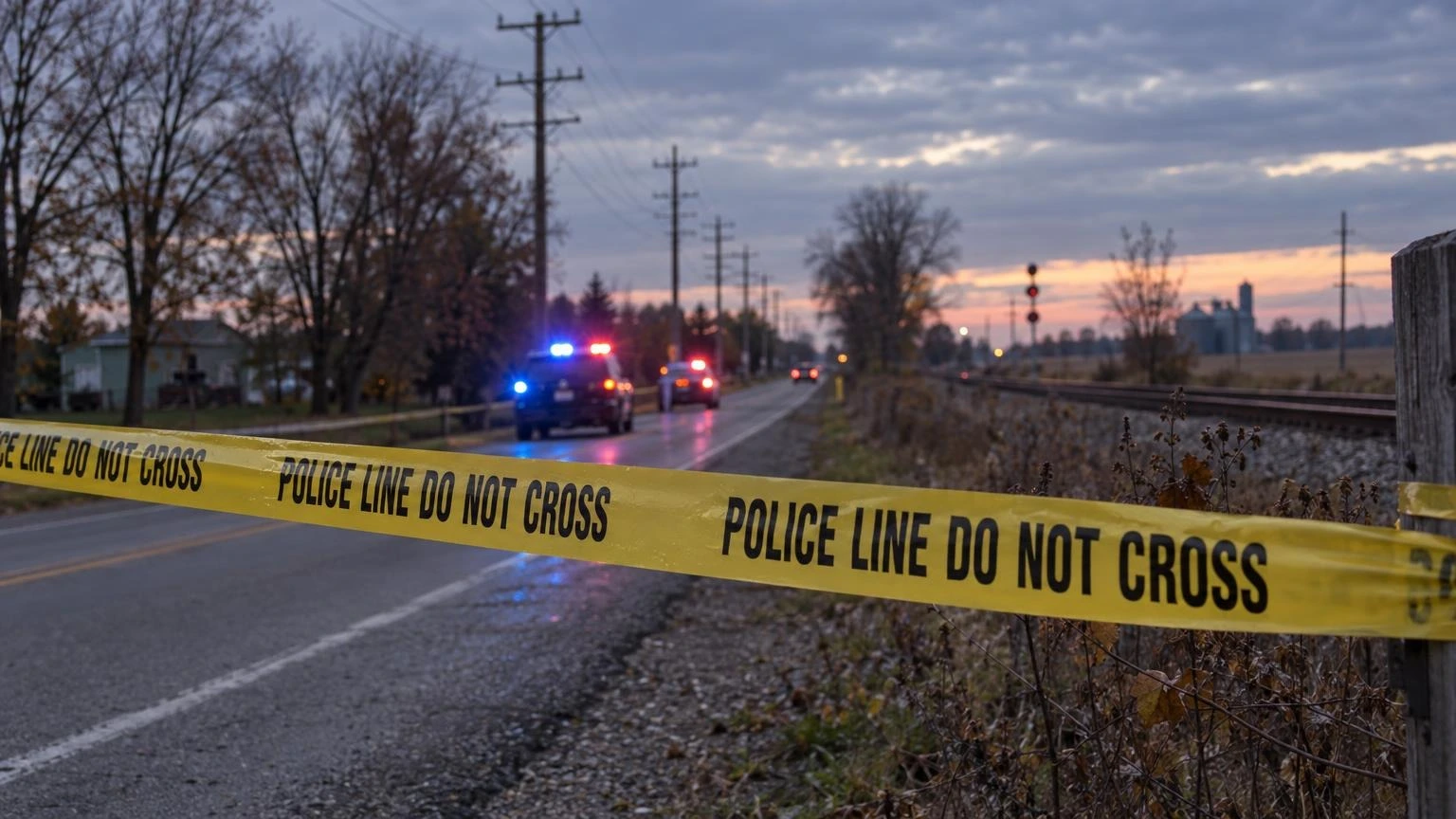 Yellow police tape across a road at dusk with emergency lights glowing in the background.