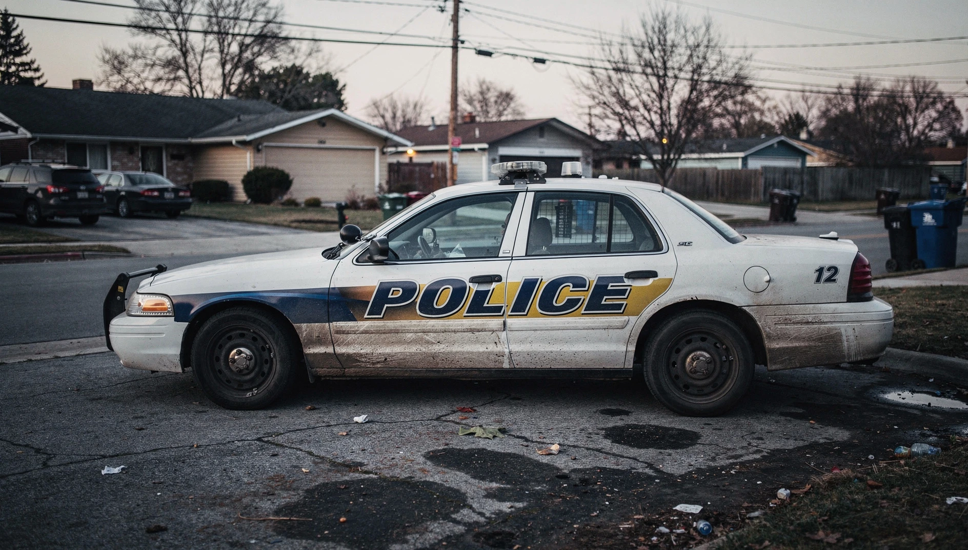 A police cruiser with its lights on parked on a quiet residential street in Niagara Falls during autumn.