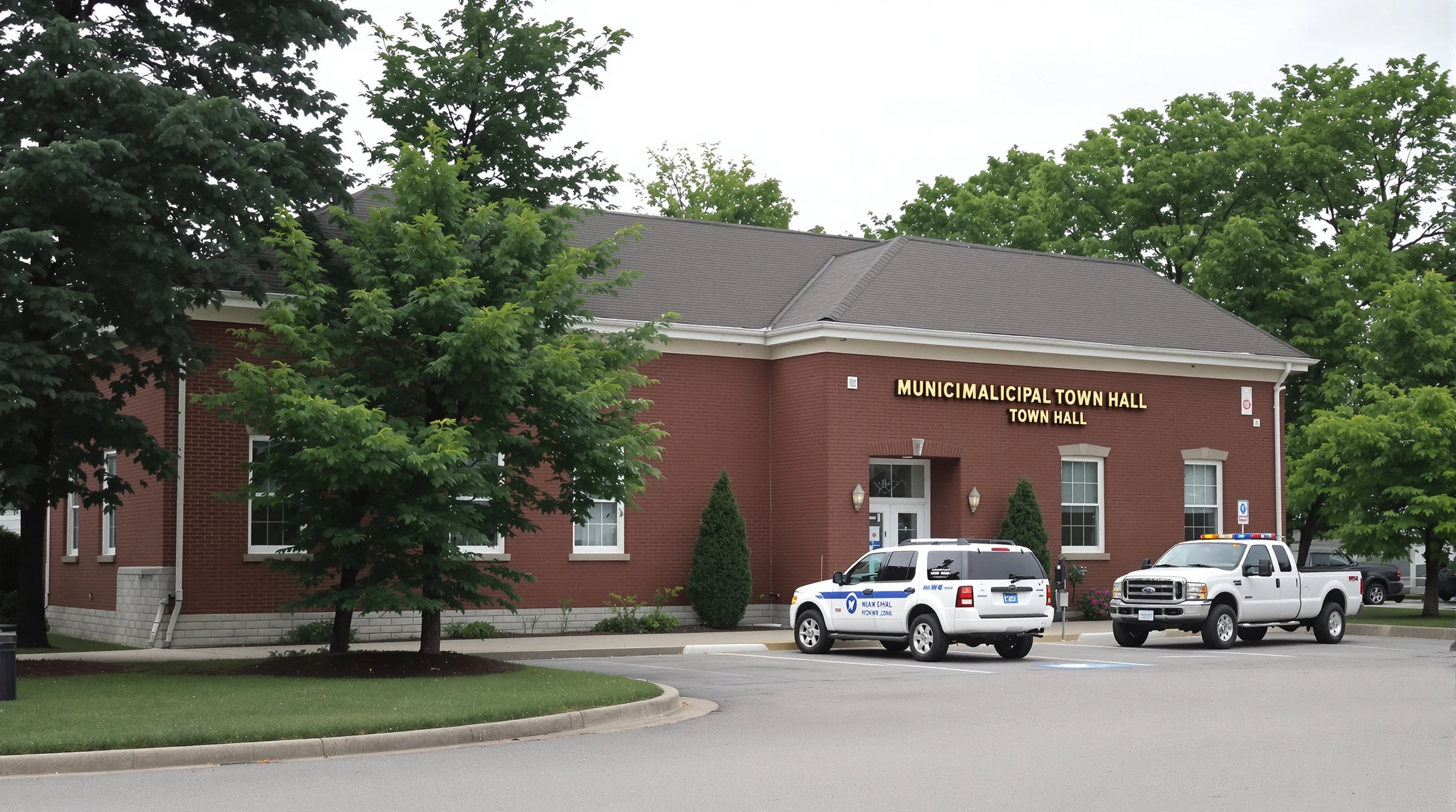 A municipal building with a white enforcement SUV parked outside on a summer morning.