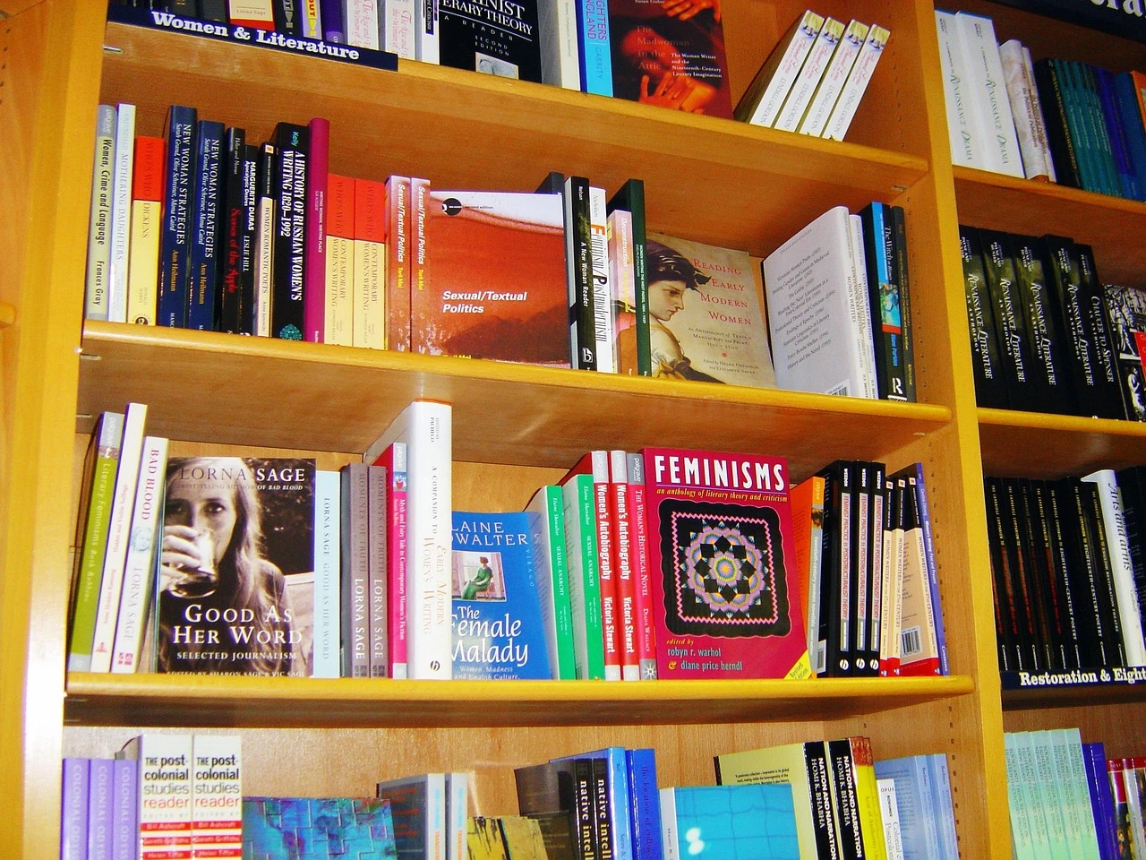 Fiction shelves and a book display inside a Toronto bookstore, with autumn trees outside the window.