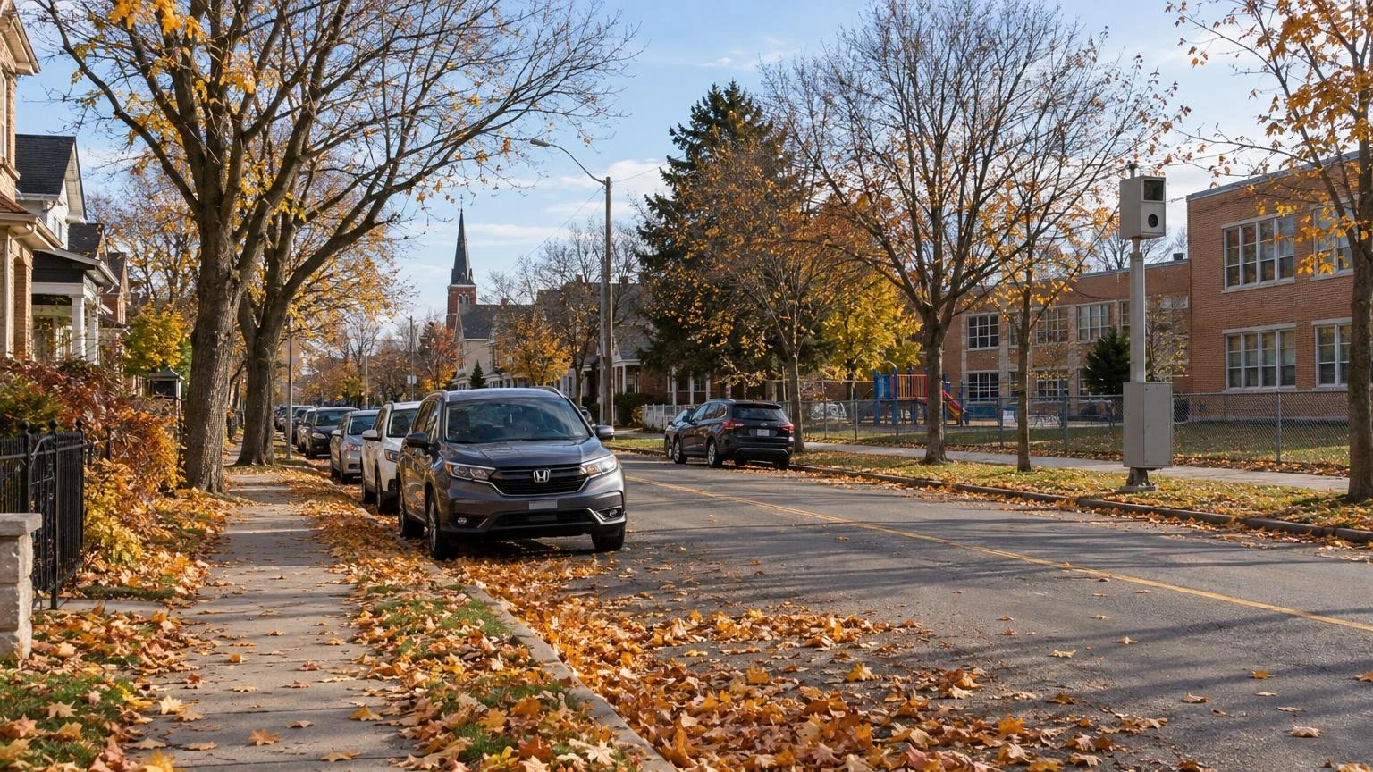 An empty residential street in Whitby, Ontario, during a crisp autumn afternoon with orange leaves on the ground and a speed camera pole near a school zone.