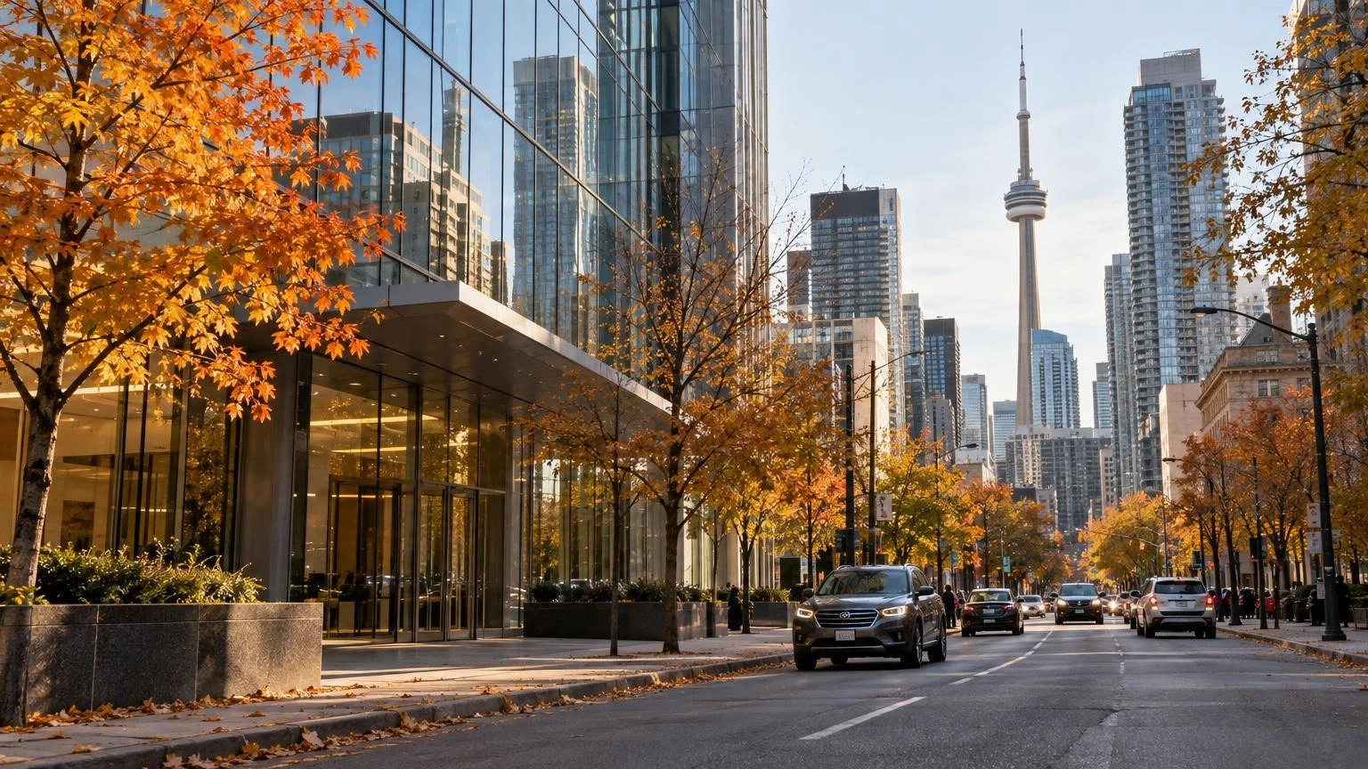 An illustration of a modern office building in Toronto with autumn leaves on the trees.