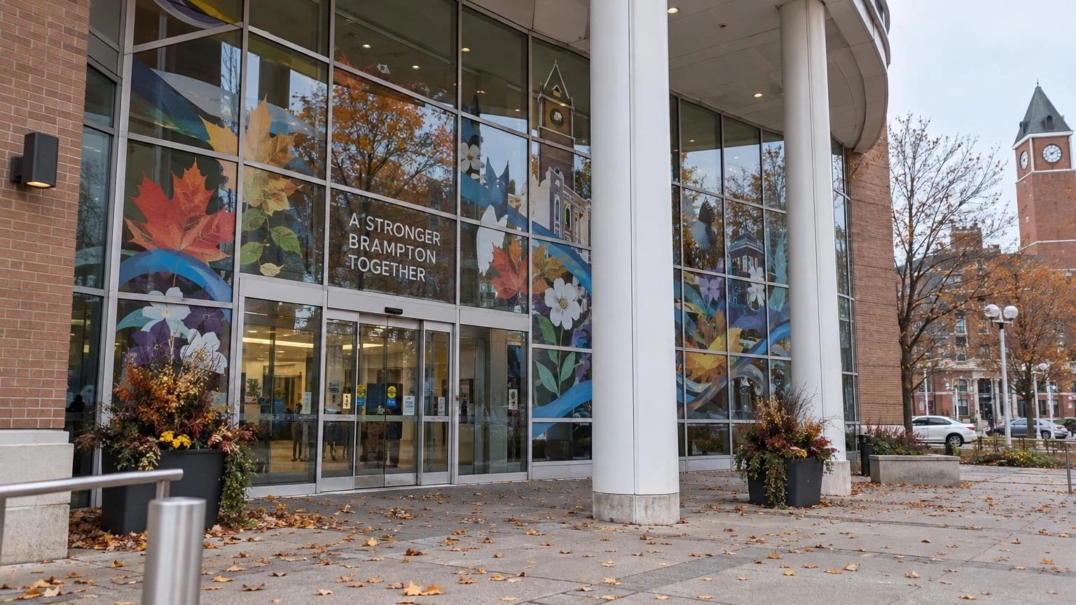 A colorful mural applied to the large glass windows of a municipal building entrance.