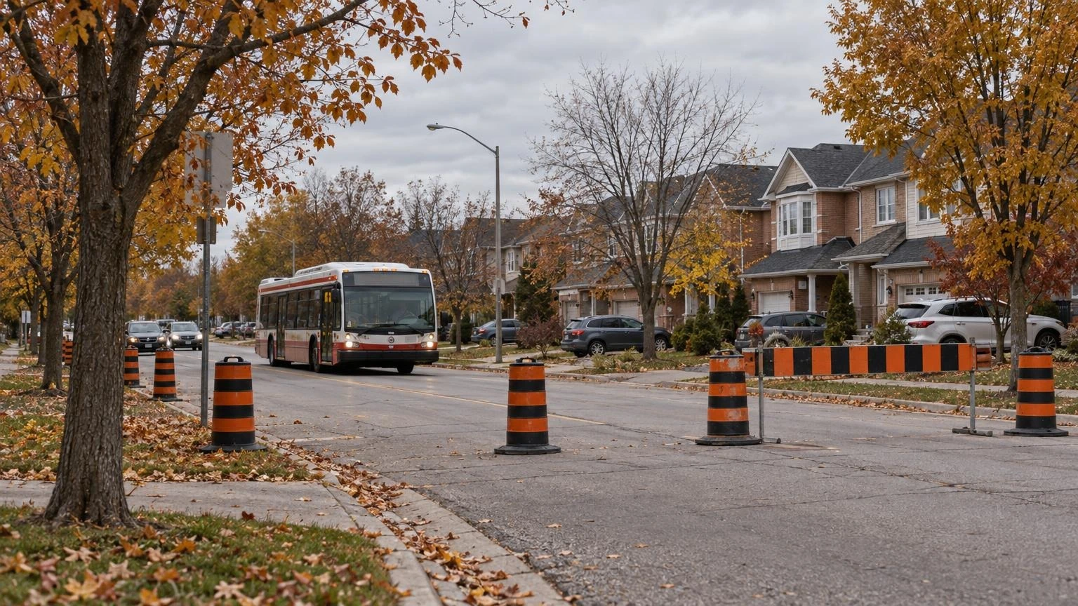 A city bus on an Ontario street with traffic cones and a road closure barrier amid autumn trees.