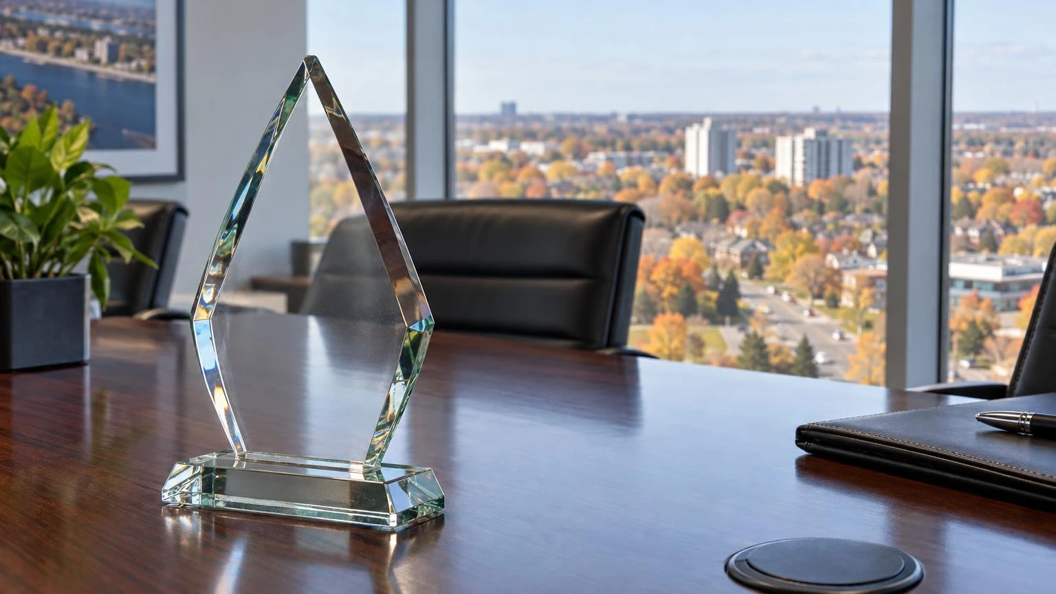 An awards trophy on a polished wooden table in a professional setting.