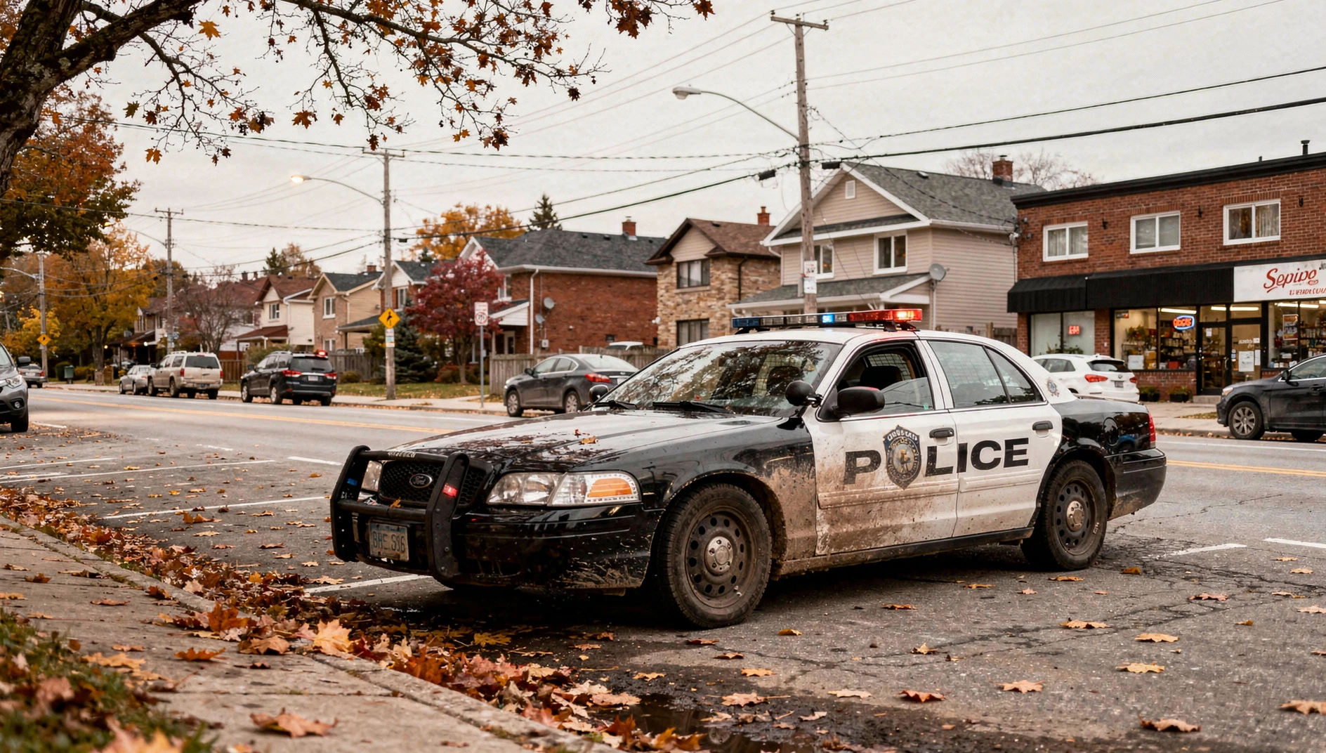 A police car parked on an urban street in Ottawa during autumn.