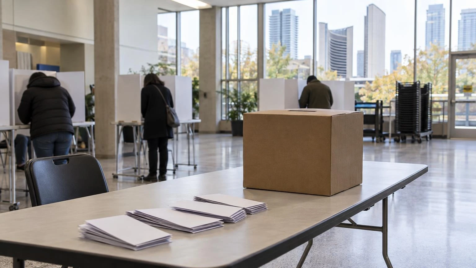 A close-up of a cardboard ballot box and folded paper ballots on a table in a community centre.