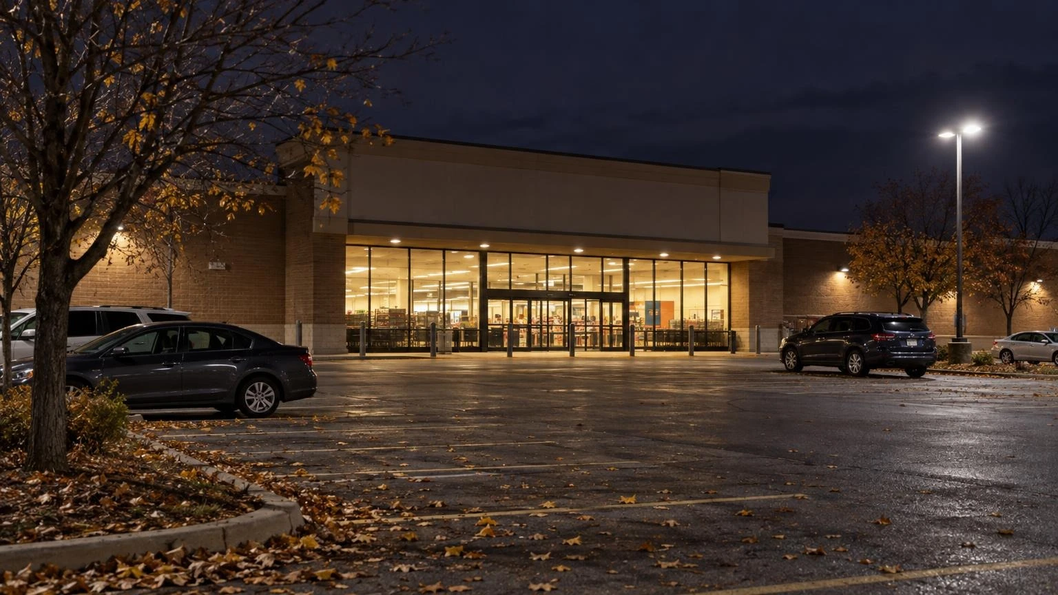 A supermarket storefront at night in a suburban plaza with an empty parking lot and autumn leaves.