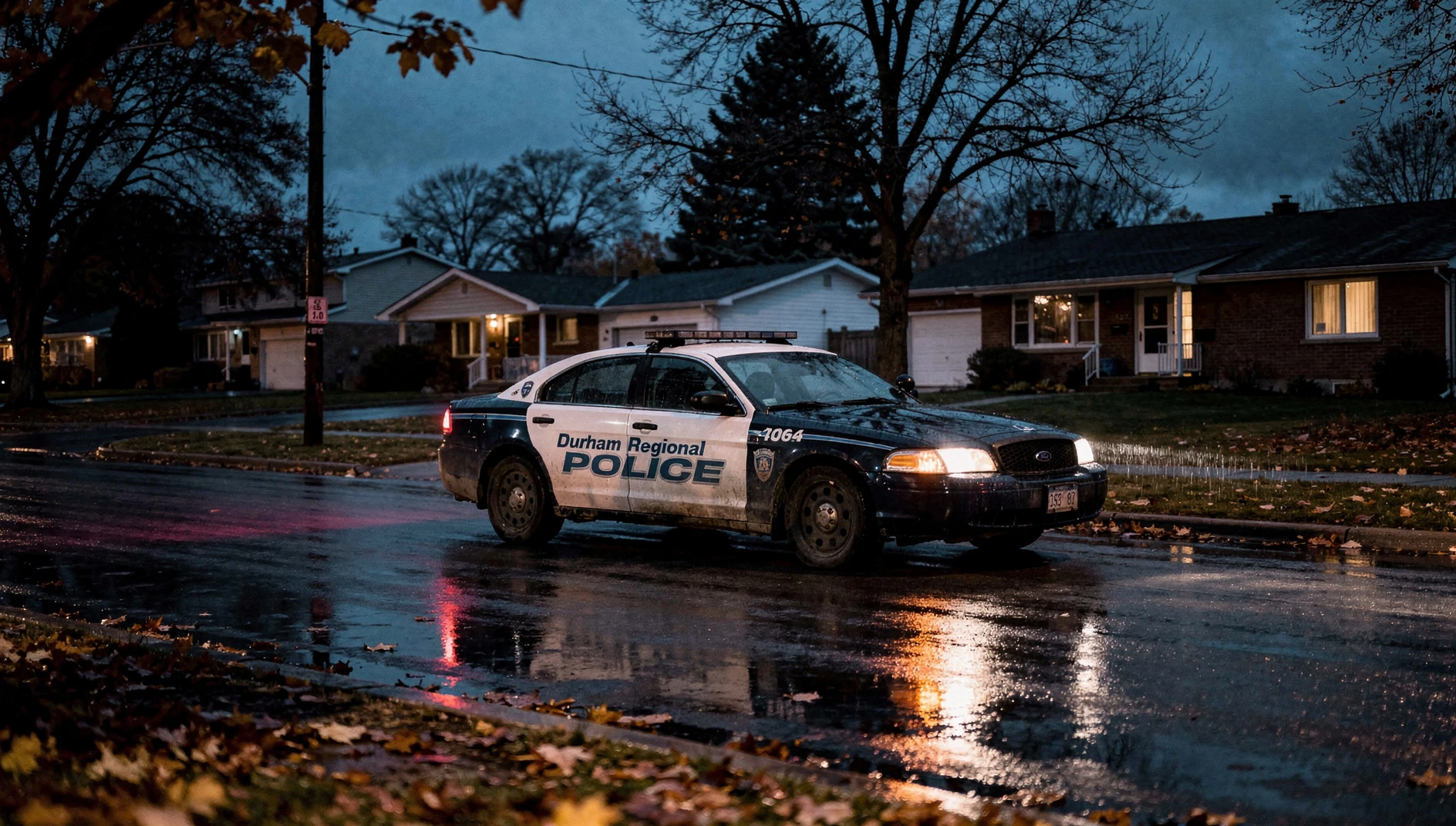 A police cruiser parked on a residential street at night with autumn leaves on the ground.