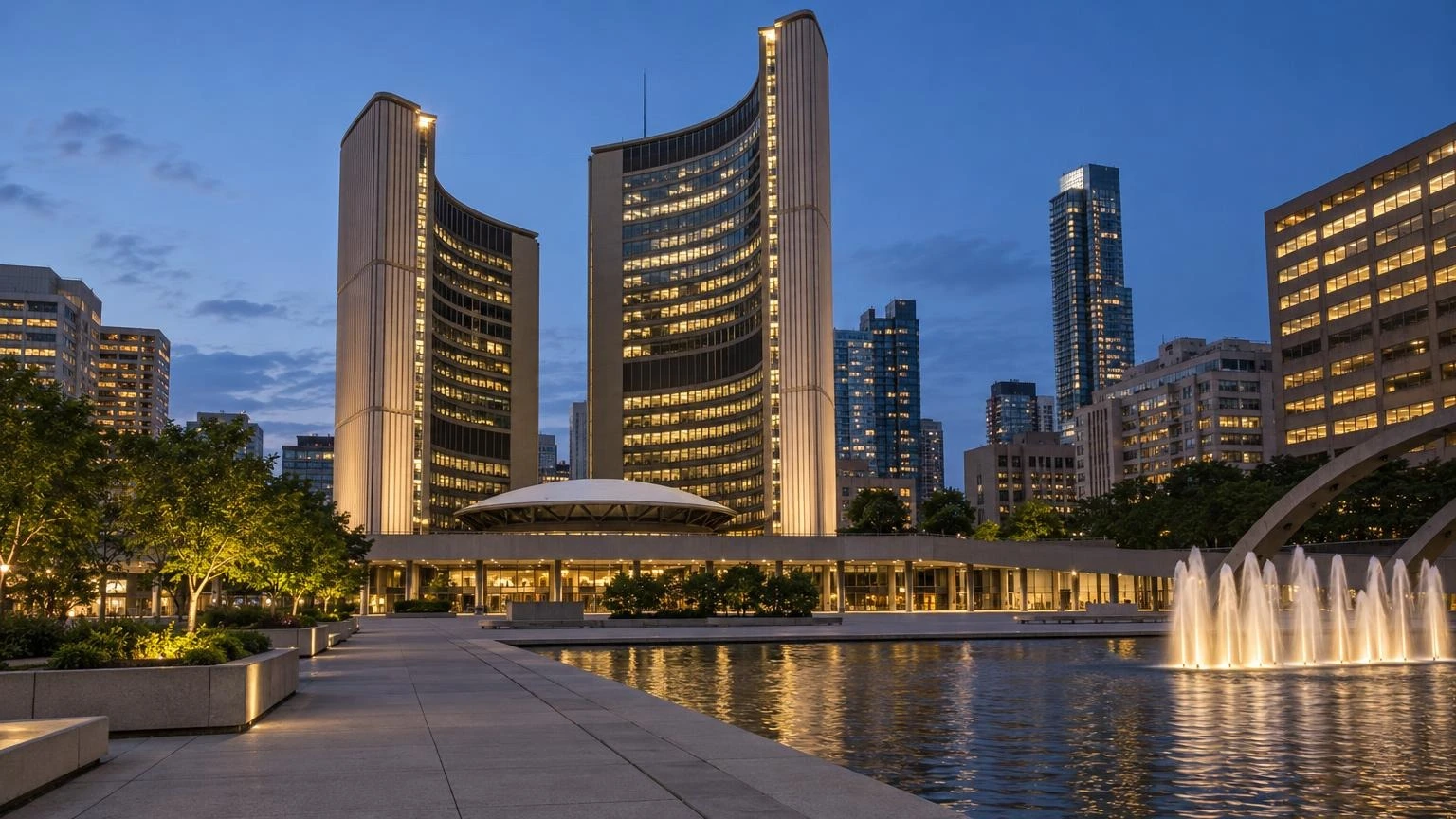 A wide shot of Toronto City Hall at dusk with a clear summer sky.
