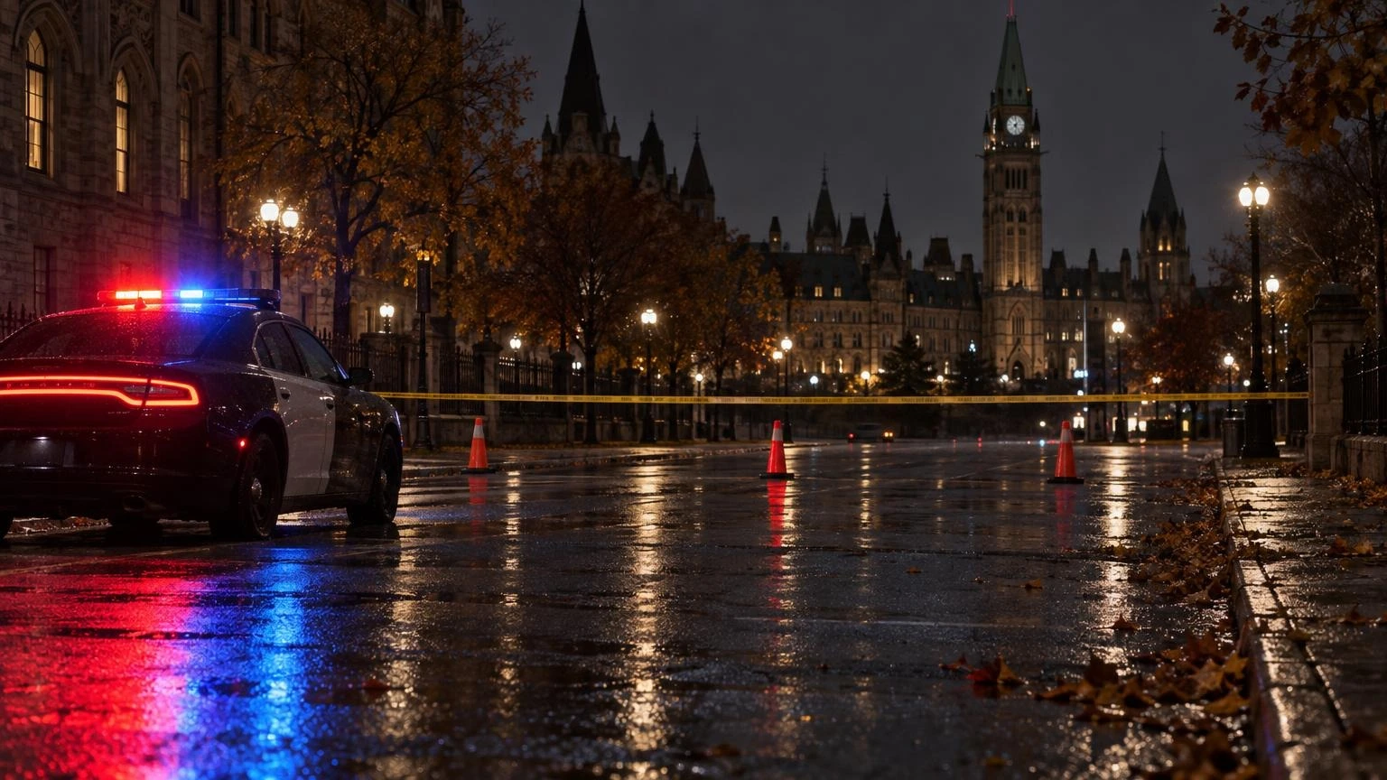 Emergency vehicle lights reflecting on wet asphalt at night next to a cordoned-off road.