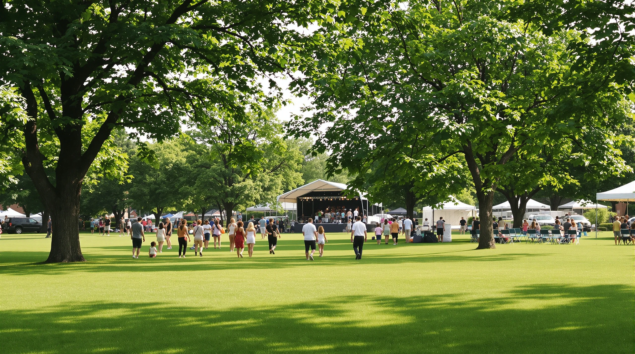 A summer community festival in a park with green lawns, trees, a white event tent and residents gathering in the distance.