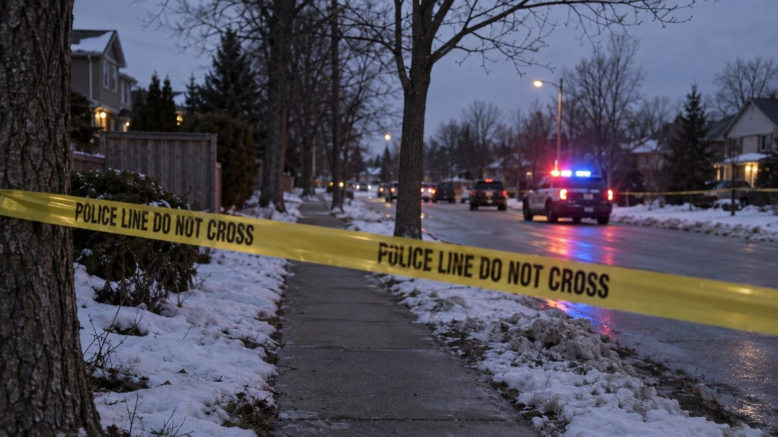 A close-up of a yellow police line tape stretched across a residential sidewalk in a Canadian town during winter.