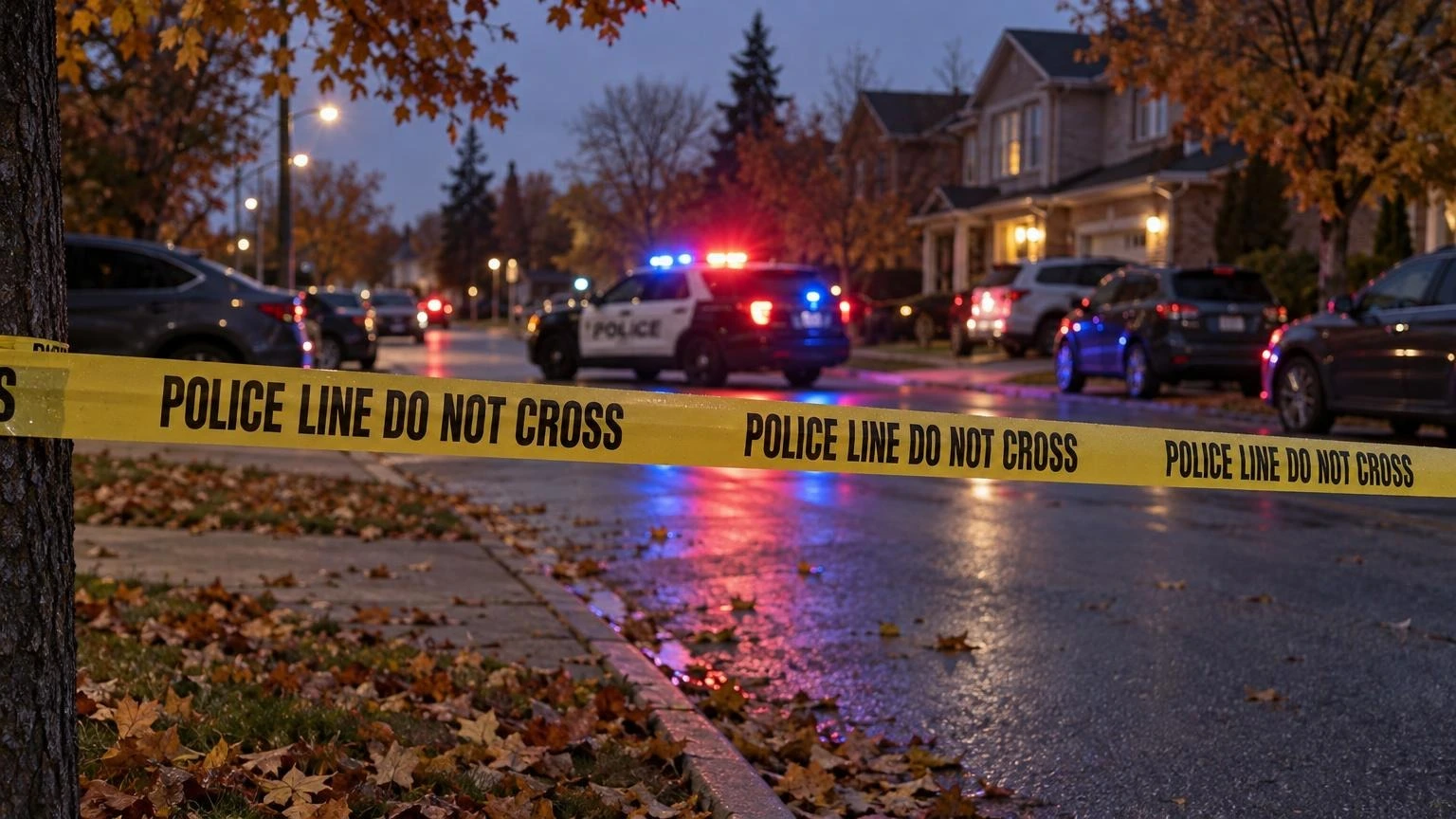 A close-up of yellow police tape stretched across a residential street at dusk, with blurred red and blue emergency lights in the background.