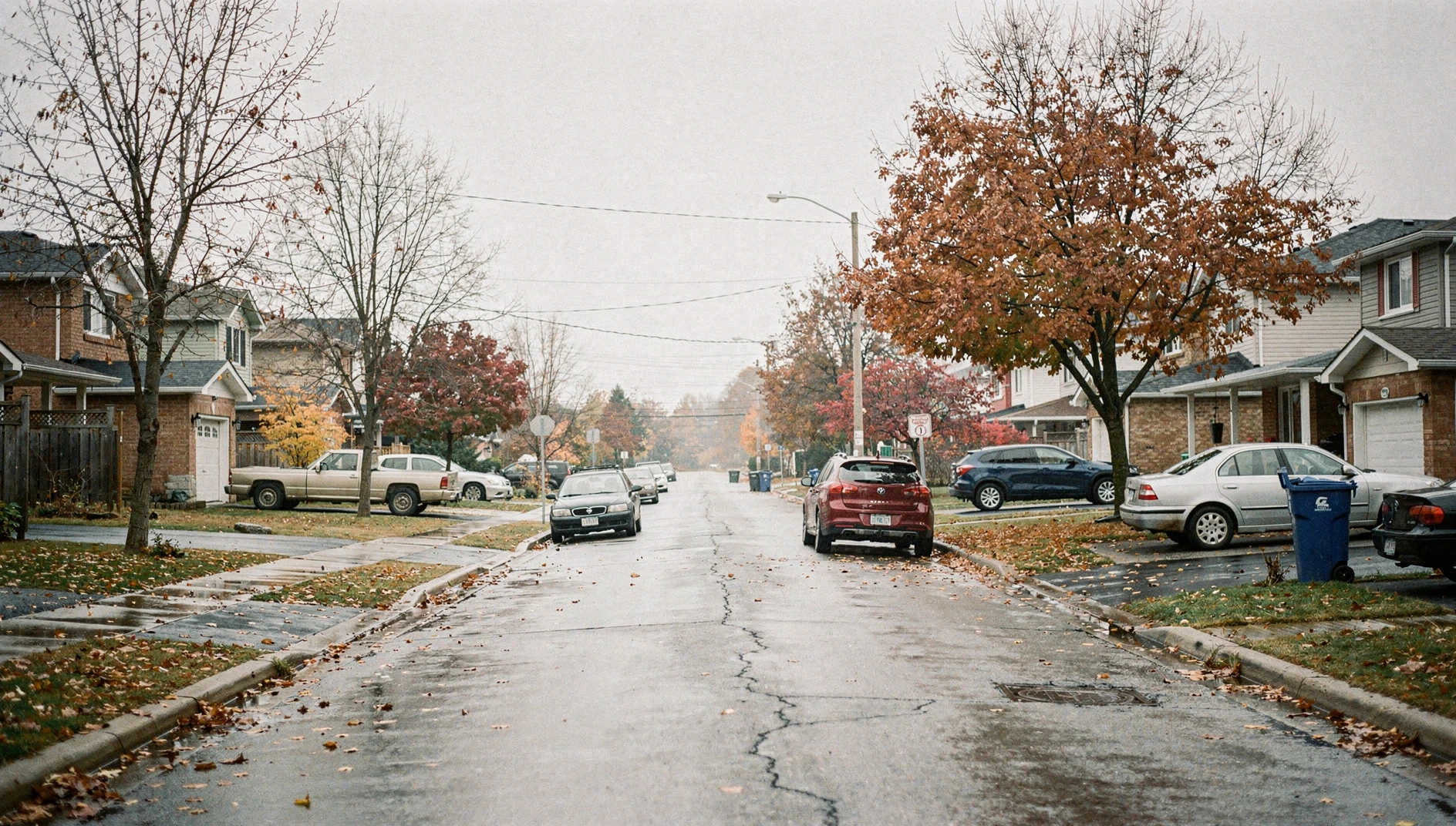A residential street in Pickering, Ontario, during an overcast autumn afternoon.