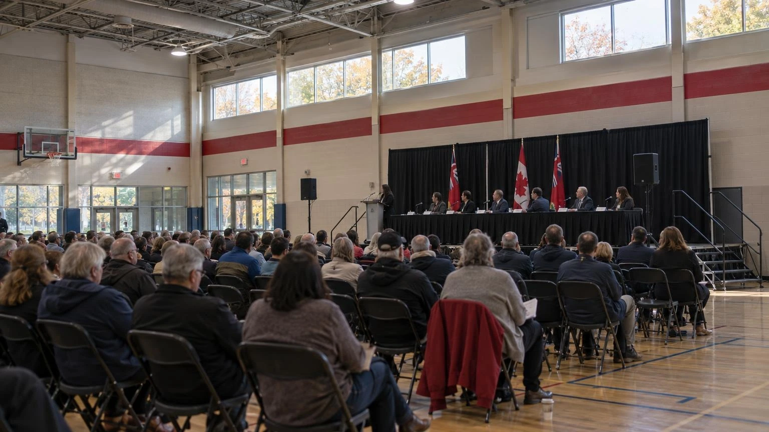 A multipurpose room at a recreation complex arranged for an all-candidates forum, with a head table, microphone and rows of audience chairs.