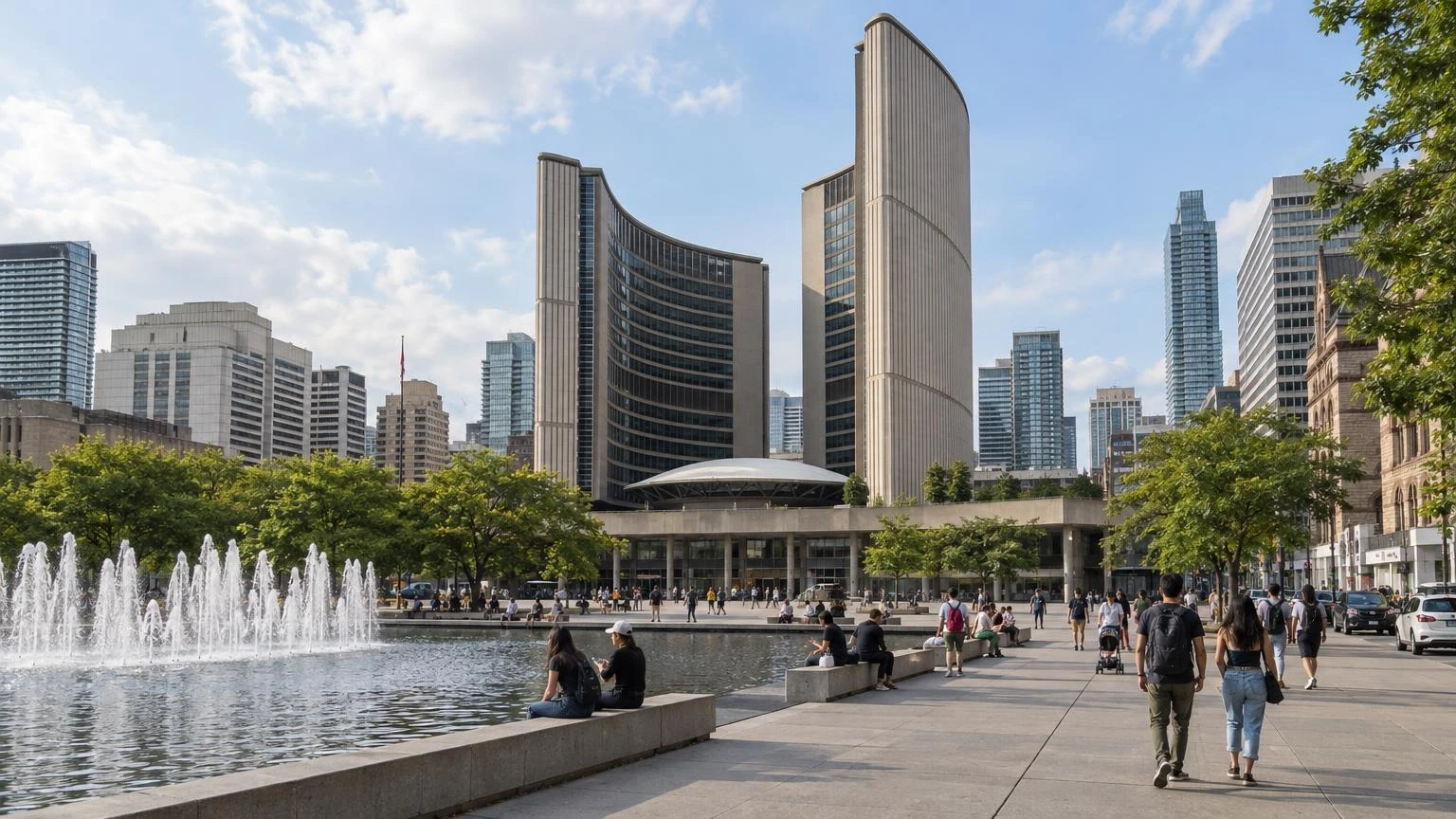 Toronto City Hall's curved twin towers seen from Nathan Phillips Square on a summer day, with the plaza fountain, trees and pedestrians in the foreground.
