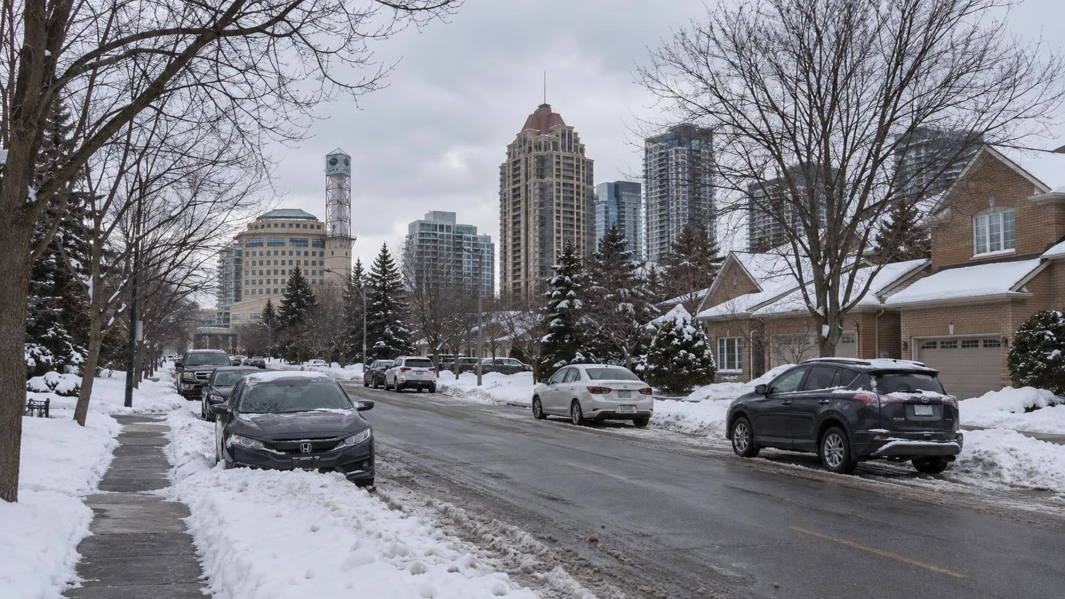 A view of a municipal call centre or office environment with telephone equipment, or an empty residential street in Mississauga during winter.