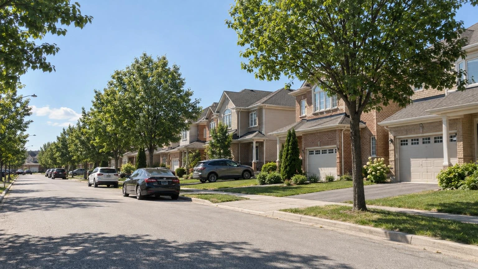 A close-up of a residential suburban street in Toronto with parked cars and houses under a summer sun.