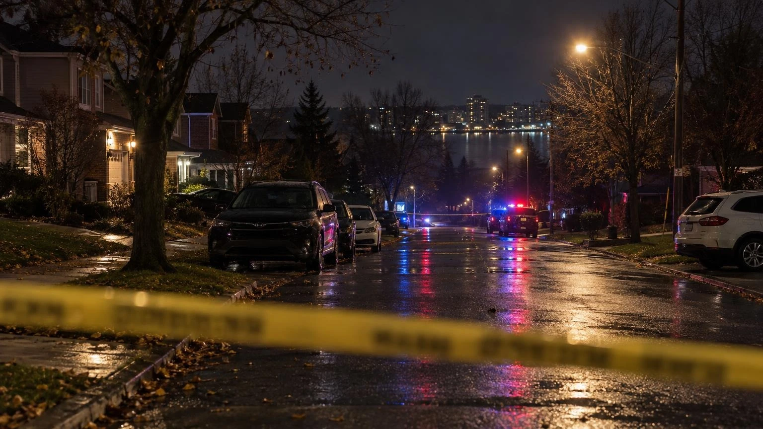 Yellow police tape in front of emergency lights on a residential street at night.
