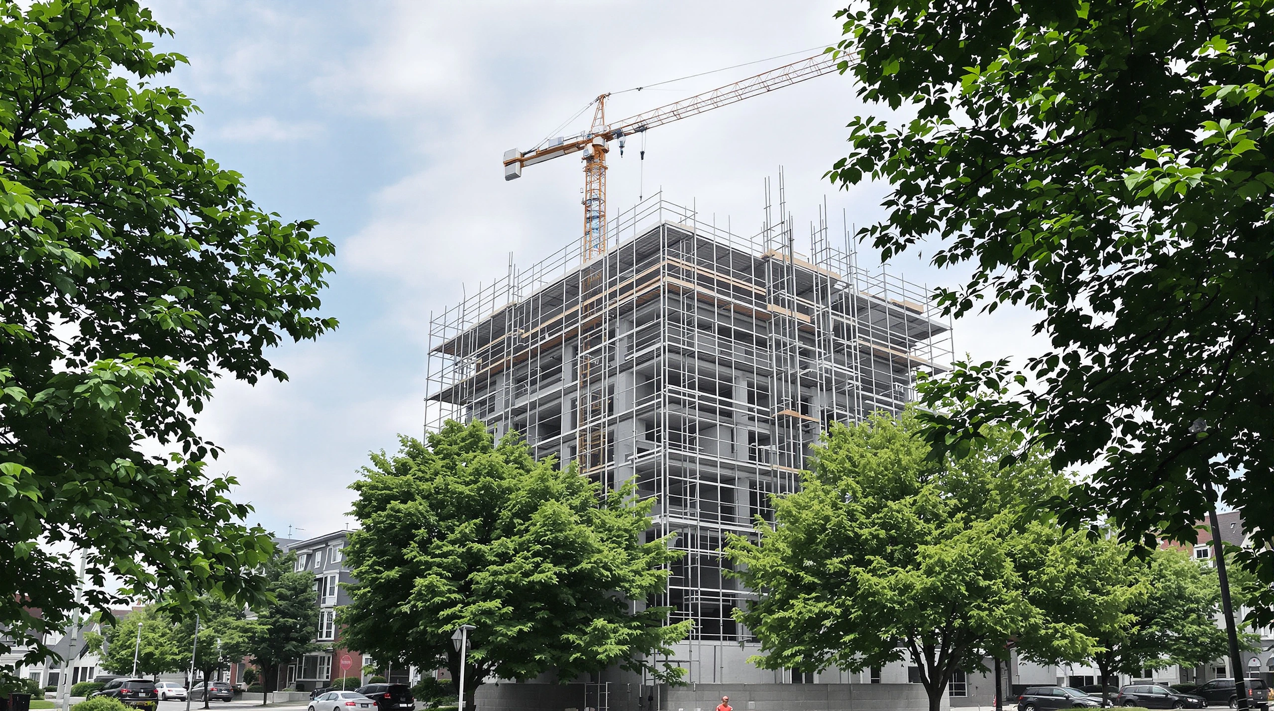 A crane and scaffolding over a residential construction site with green summer trees in Toronto.