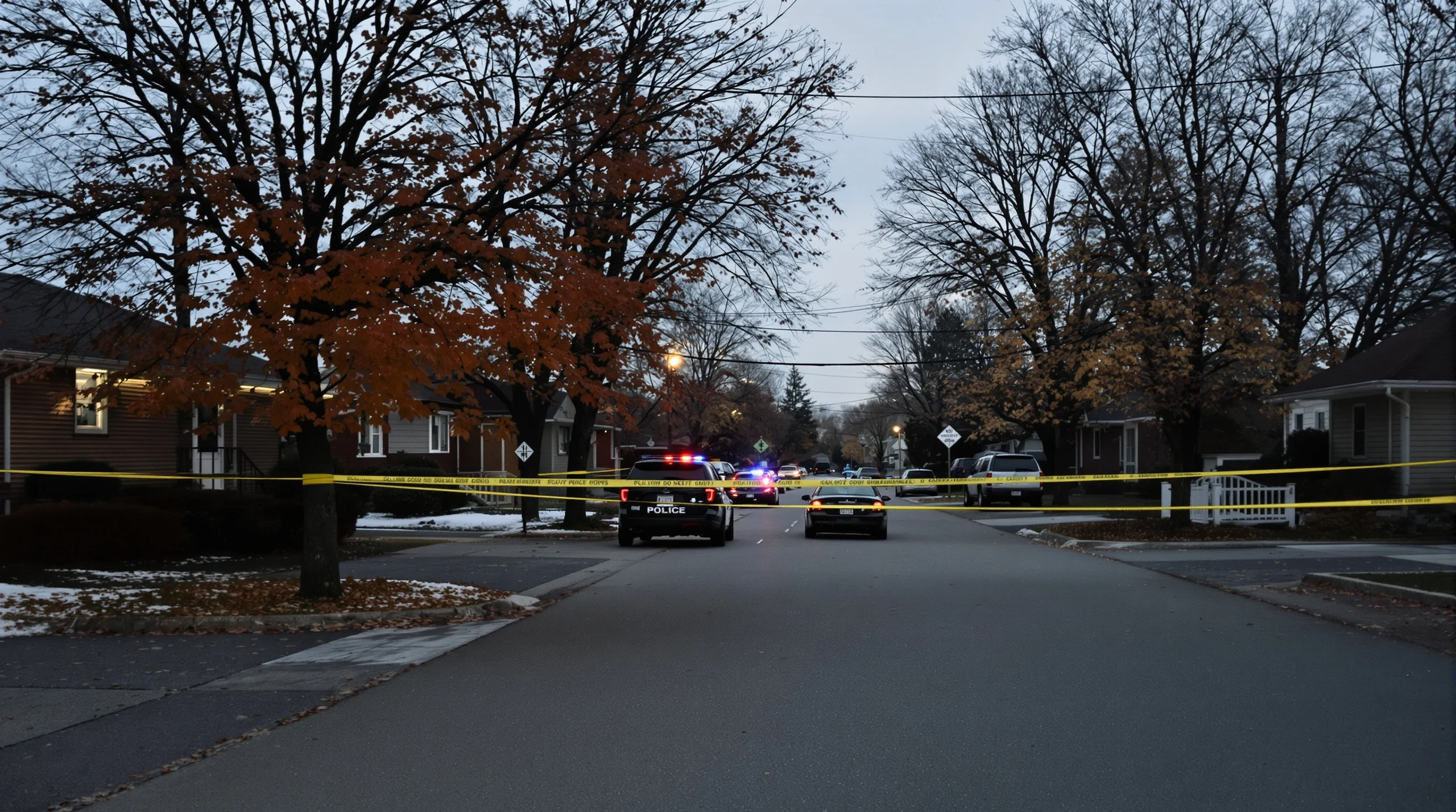 Illustration of a residential street in Port Colborne at dusk, with police tape across the road and a police cruiser with flashing lights nearby.