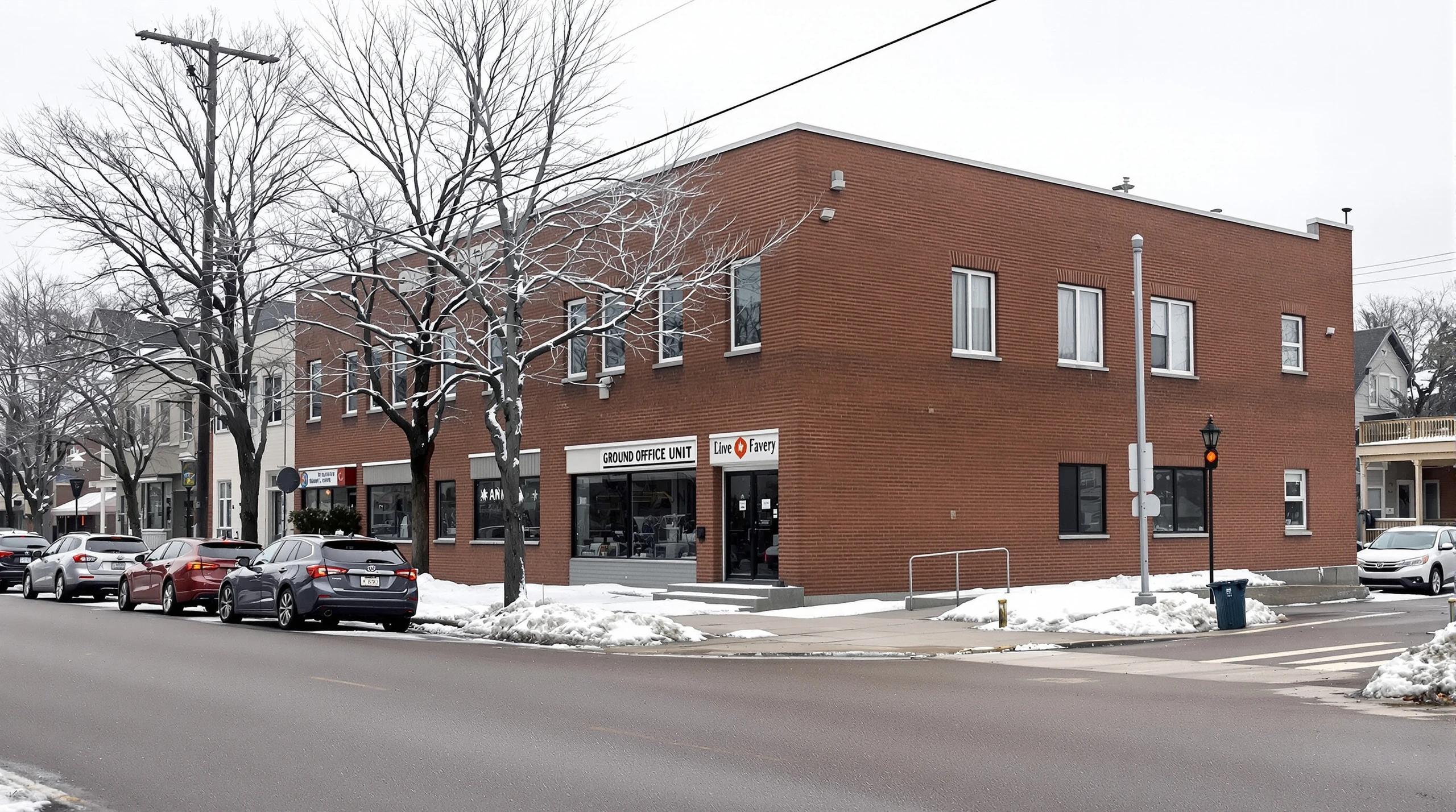 A modest brick office building on a snowy downtown Barrie street in winter.