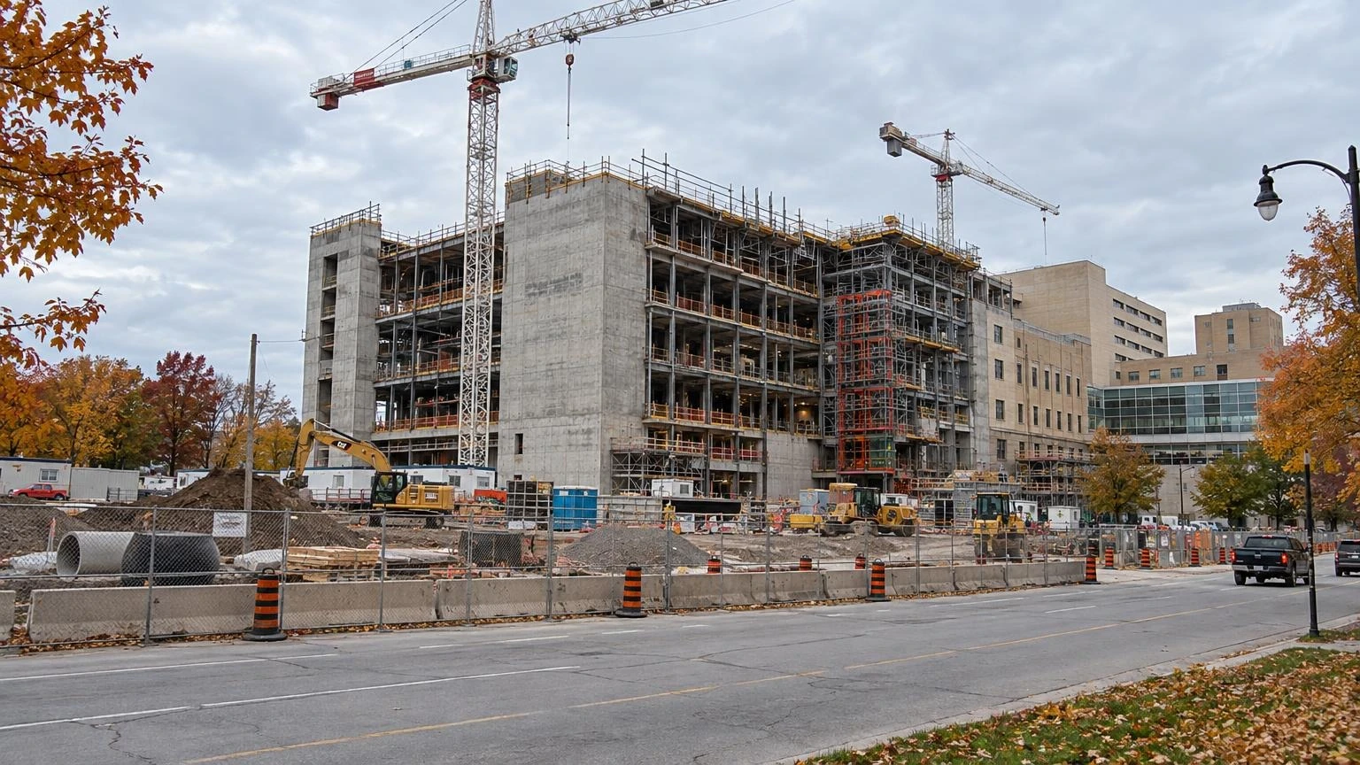 A construction site for a new hospital facility under development in Niagara Falls, Ontario.