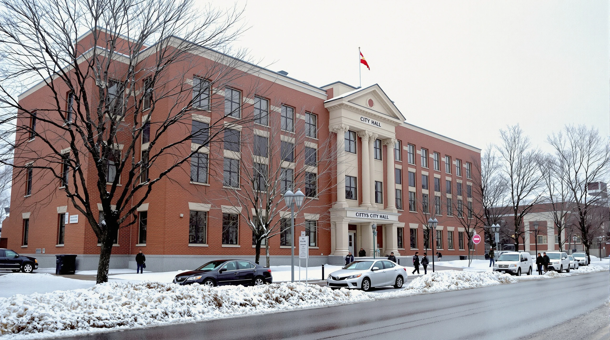 A municipal city hall building in winter, with snow on the ground and people walking past in winter clothing.